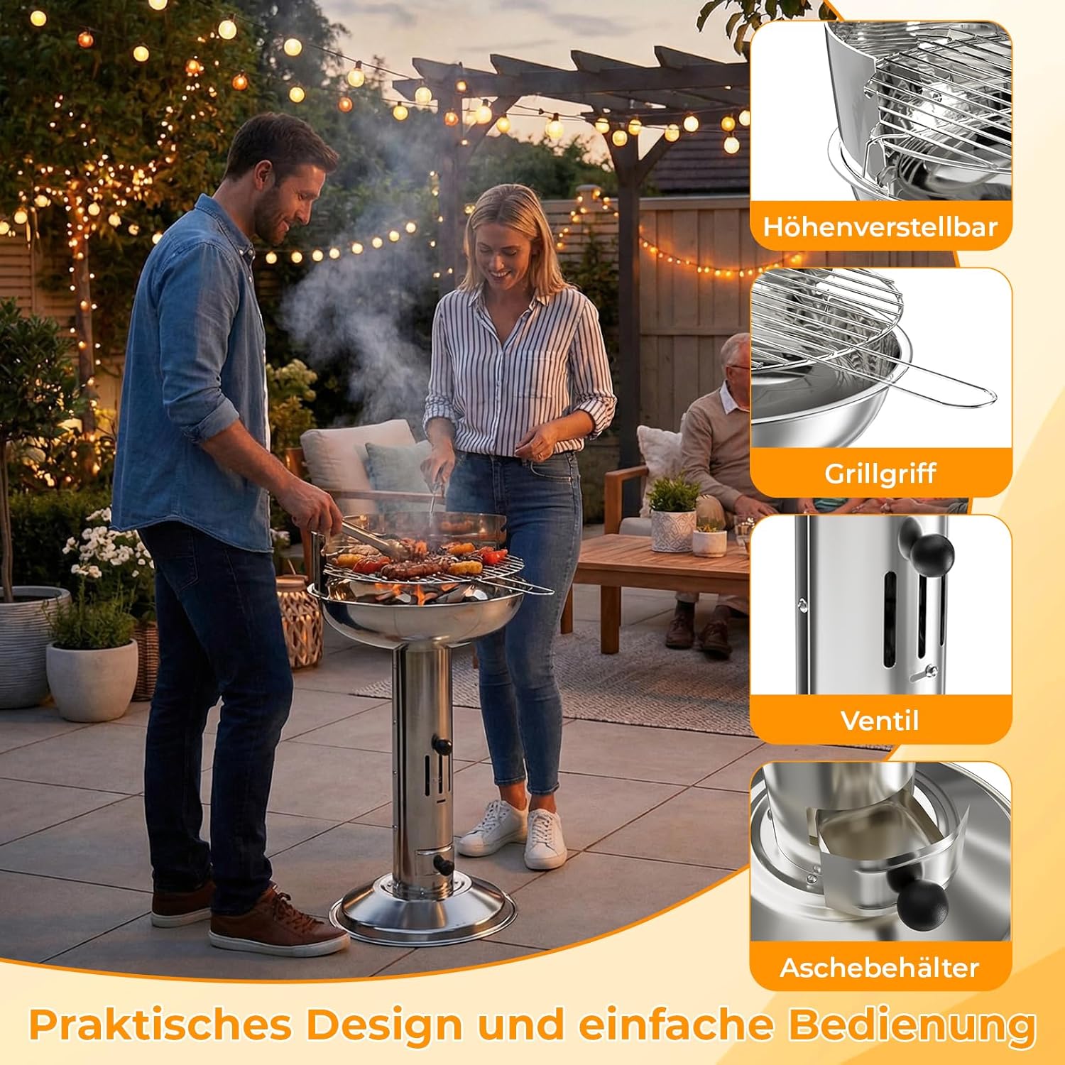 TLGREEN Edelstahl-Holzkohlegrill, Säulengrill, wetterfest, 40 x 40 x 69 cm, 3-fach höhenverstellbar, Premium-Edelstahlgrill mit verchromtem Grillrost, Aschenbecher und Belüftung, für Outdoor, Camping, Grillen – Bild 3