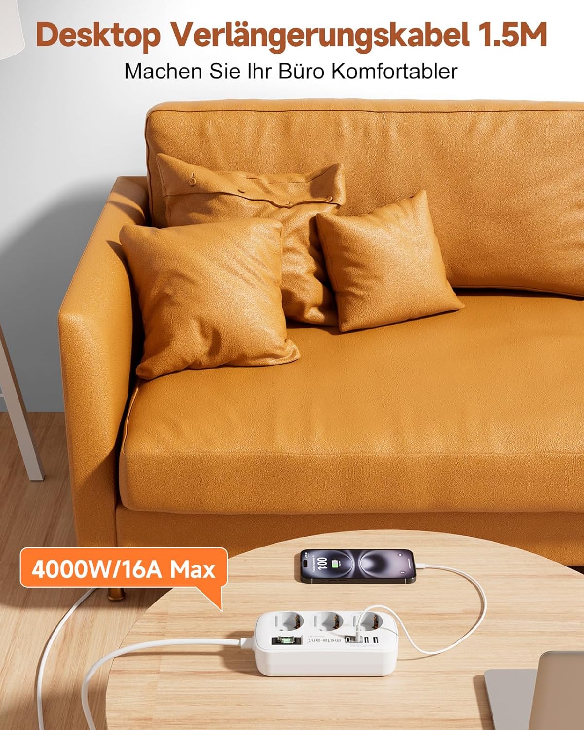 Steckdosenleiste mit USB 3,4 A 17 W, 3-fach Steckdosenleiste mit Überspannungsschutz 4000 W, Steckdose mit 4 USB (2 USB-C), 1,5 m, Wandsteckdosenleiste für Home Office, Weiß – Bild 6