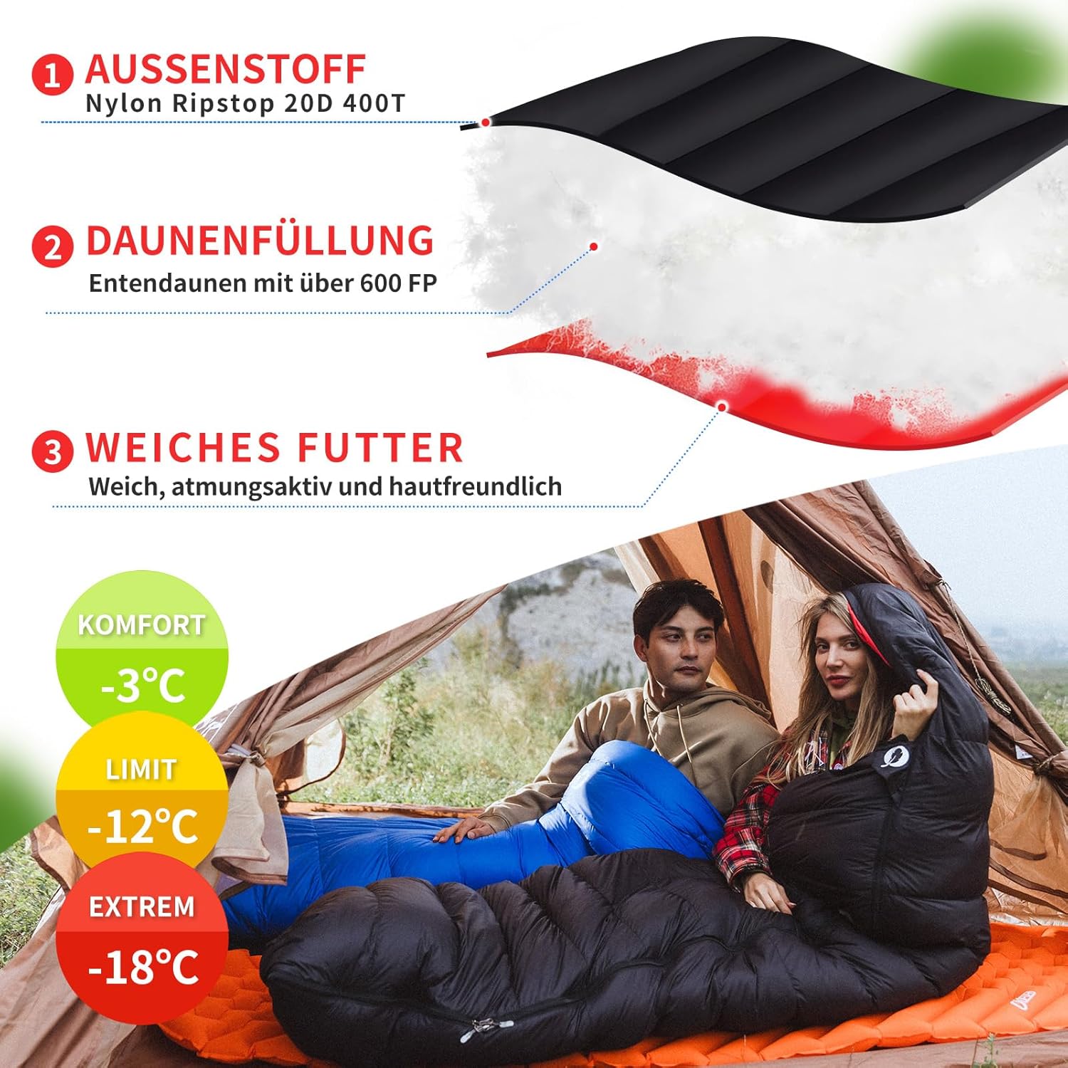 Daunenschlafsack, 4-Jahreszeiten-Schlafsack, Winterschlafsack -3°C bis -20°C Geeignet für Camping, Wandern und Outdoor-Camping für Erwachsene und Kinder – Bild 3