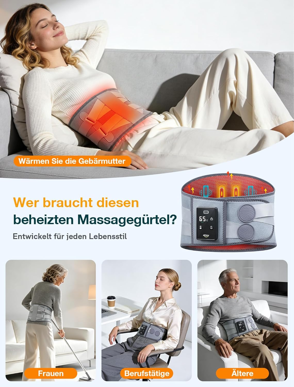 ALLJOY 170 cm Wärmegürtel Rückenheizkissen Kabelloses Massagegerät 5000 mAh Heizkissen mit automatischer Abschaltung Wärmekissen für Rücken mit 5 Massagemodi 3 Wärmestufen Geschenke für Männer Frauen – Bild 8