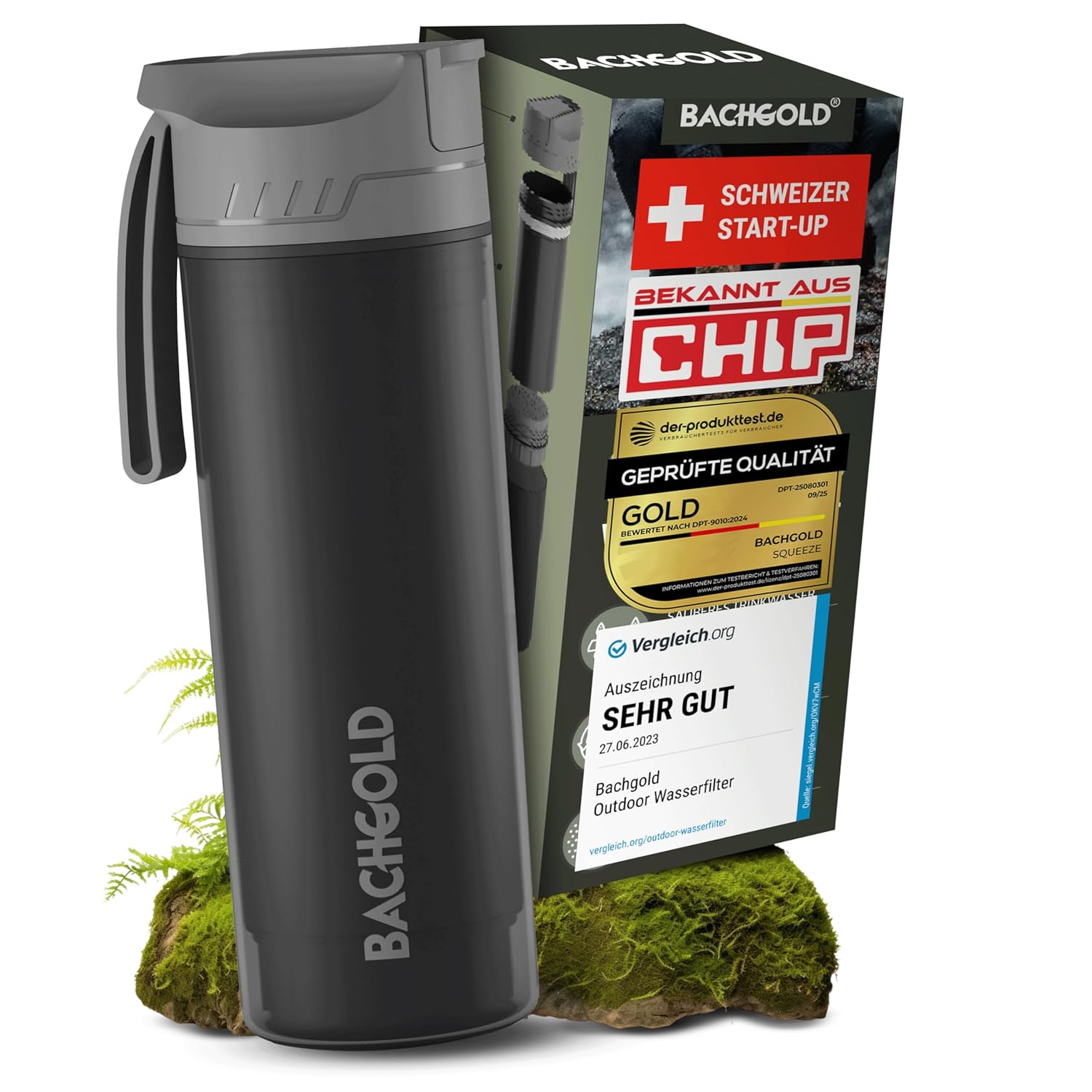 Bachgold Professionelle Wasserfilterflasche für den Außenbereich (500 ml), 1500 l Filterkapazität, entfernt 99,99 % der Bakterien, filtert Mikroplastik, Partikel und Chlor, verdunkelungs- und krisensicher (schwarz, 500 ml)