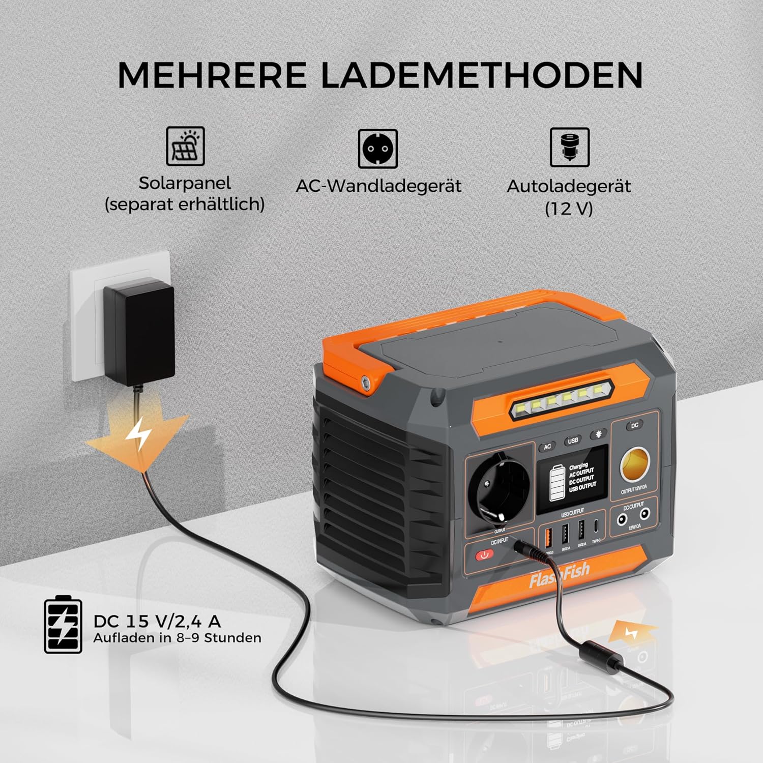 FlashFish 230 Wh tragbares Kraftwerk mit Solarpanel 60 W, Solargenerator 300 W (Spitze 600 W) mit 2 Gleichstromanschlüssen, 4 USB-Anschlüssen, LED-Leuchten, Notstromgenerator für Camping, Reisen, Stromausfälle – Bild 6