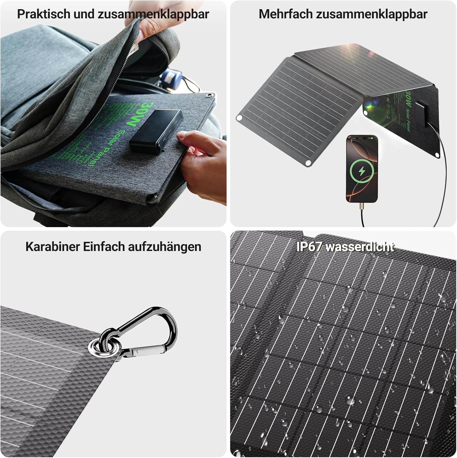 30W Solarpanel Faltbar, Tragbares Outdoor Solar Ladegerät IP67 Wasserdicht mit 3 Anschlüssen (USB-C+USB-A+DC) für Outdoor Camping, Smartphone, Mobile Powerbank – Bild 5