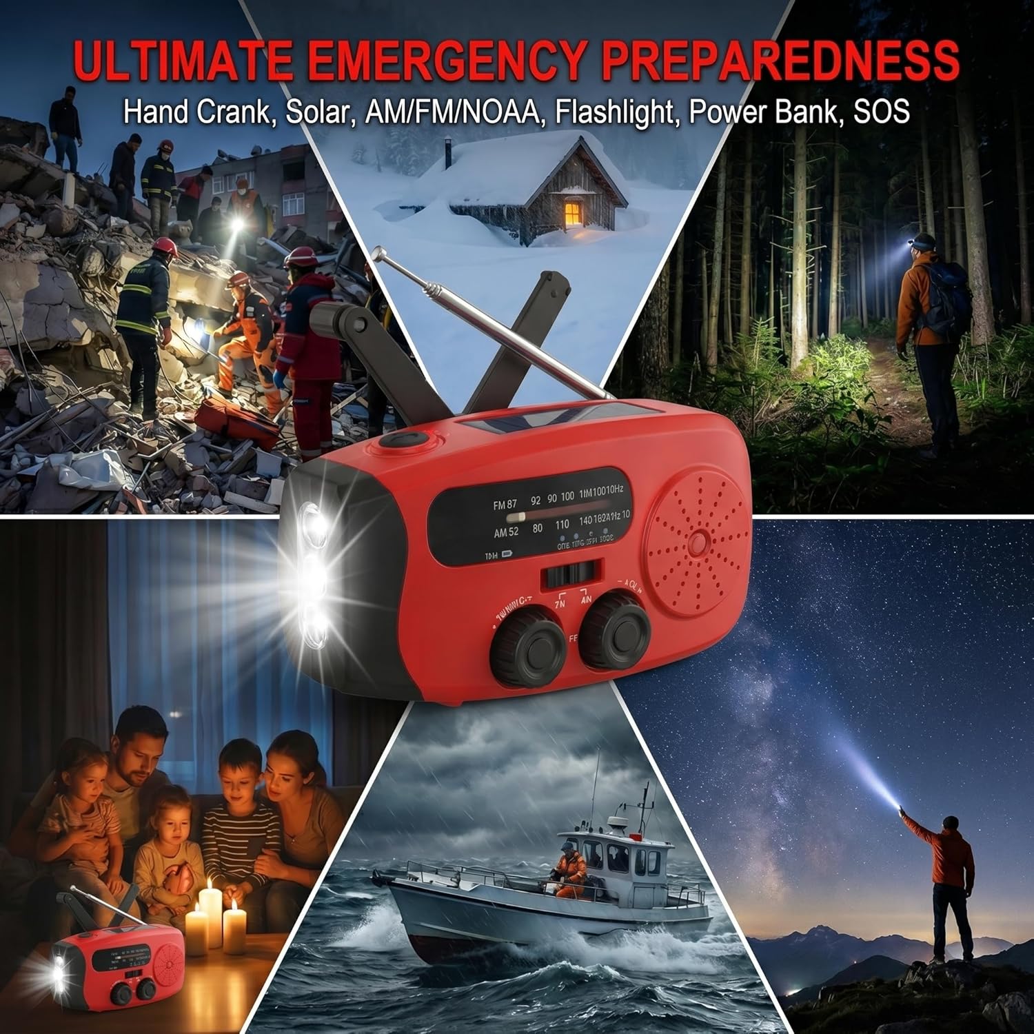 Notfallradio mit Solar & Kurbel, 3 x LED-Taschenlampe, 2000 mAh Powerbank, AM/FM/Wetter, USB-C, SOS-Alarm – Tragbares Survival-Set für Camping, Outdoor, Stromausfall – Bild 9