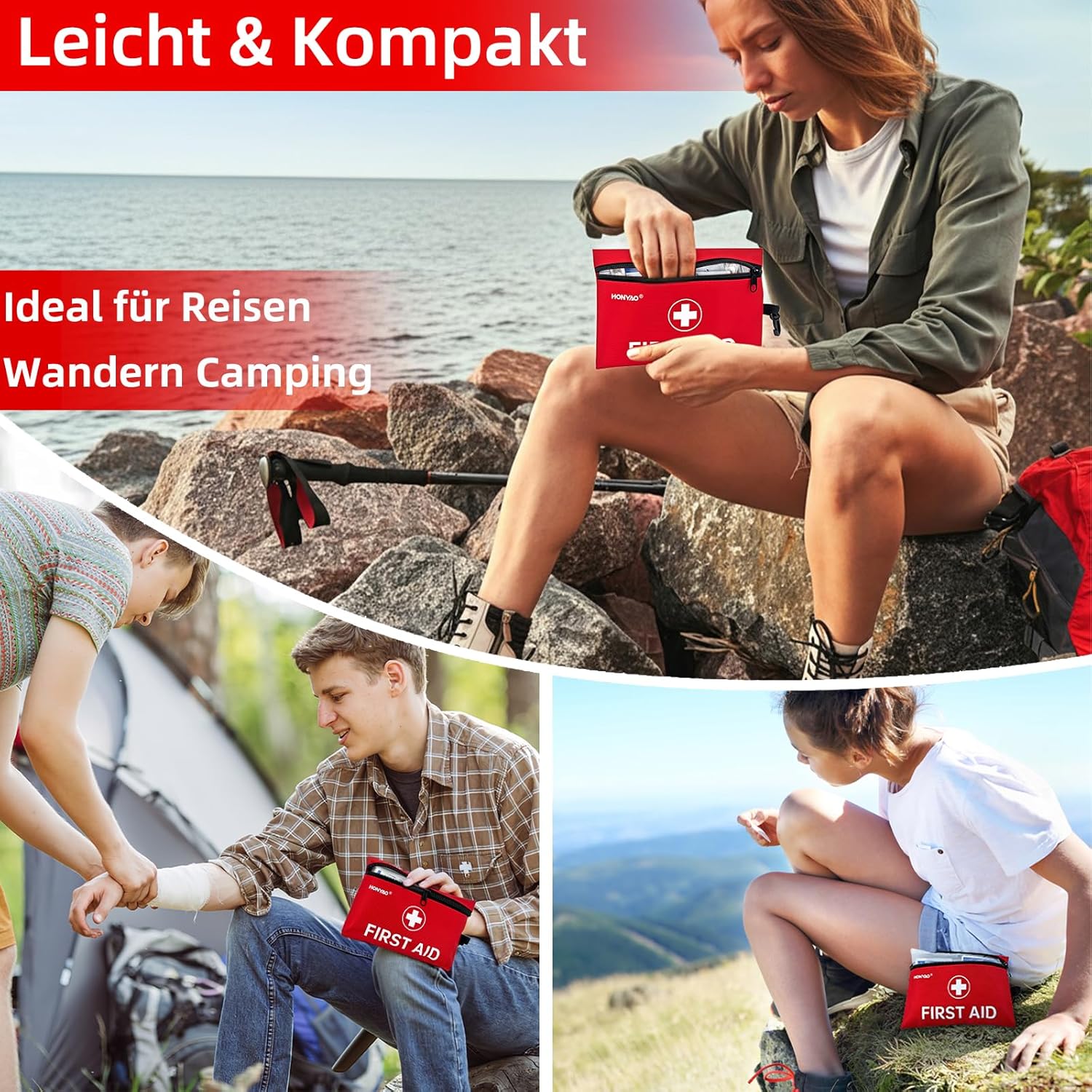 HONYAO Erste-Hilfe-Set, 105-teilig, Mini-Reiseapotheke, Erste-Hilfe-Set, klein für Outdoor, Reisen, Zuhause, Camping, Fahrrad, Wandern, Kinder, Rot – Bild 4