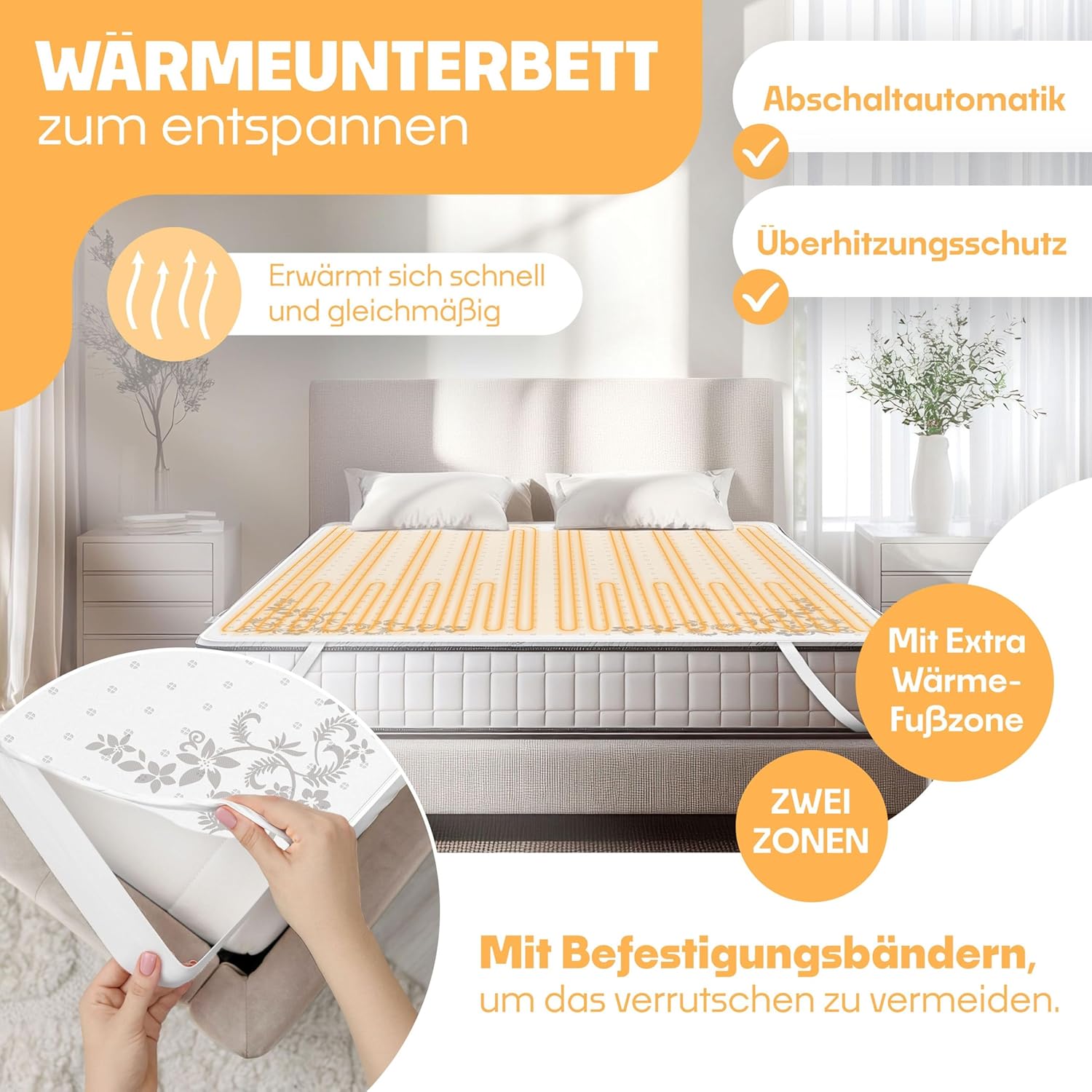 KESSER Doppel-Thermo-Unterbett 160 x 140 cm mit automatischer Abschaltung, 2 Temperaturzonen, ferngesteuerte Heizdecke mit 3 Temperaturstufen, beheizte Bettunterlage fürs Bett, warme Decke aus weichem Fleece, weiß – Bild 2