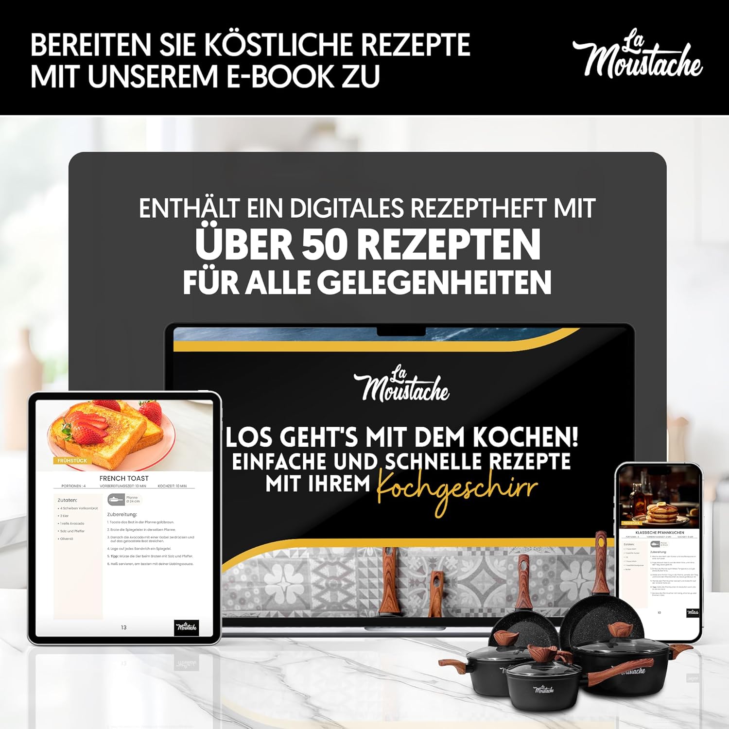 La Mustache – 8-teiliges Aluminium-Kochgeschirr-Set mit E-Book, Antihaftbeschichtung, 3 Töpfen, 3 Glasdeckeln und 2 Bratpfannen für alle Herdarten einschließlich Induktion, PFOA/PFOS-frei (Callao) – Bild 8