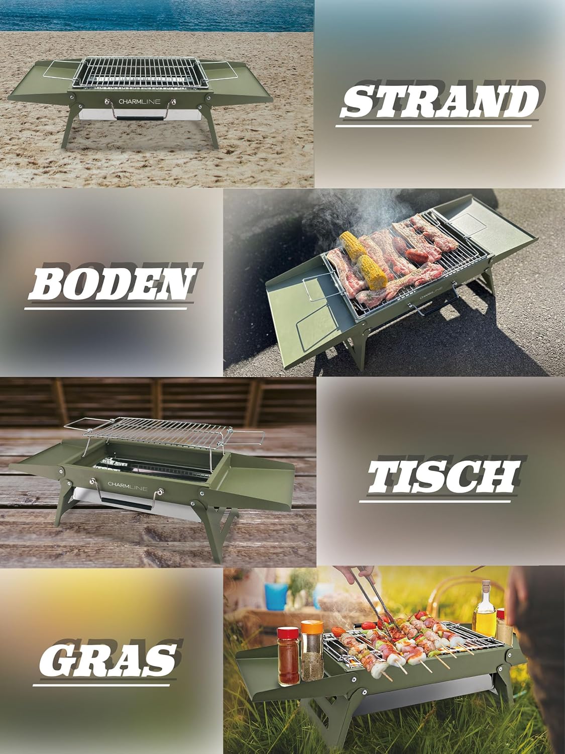 Charmline Tragbarer Holzkohlegrill, klappbarer Campinggrill 35 x 23 cm für 1–3 Personen, Mini-BBQ-Grill für Balkon, Garten, Camping, Picknick und Strand, Grün – Bild 7