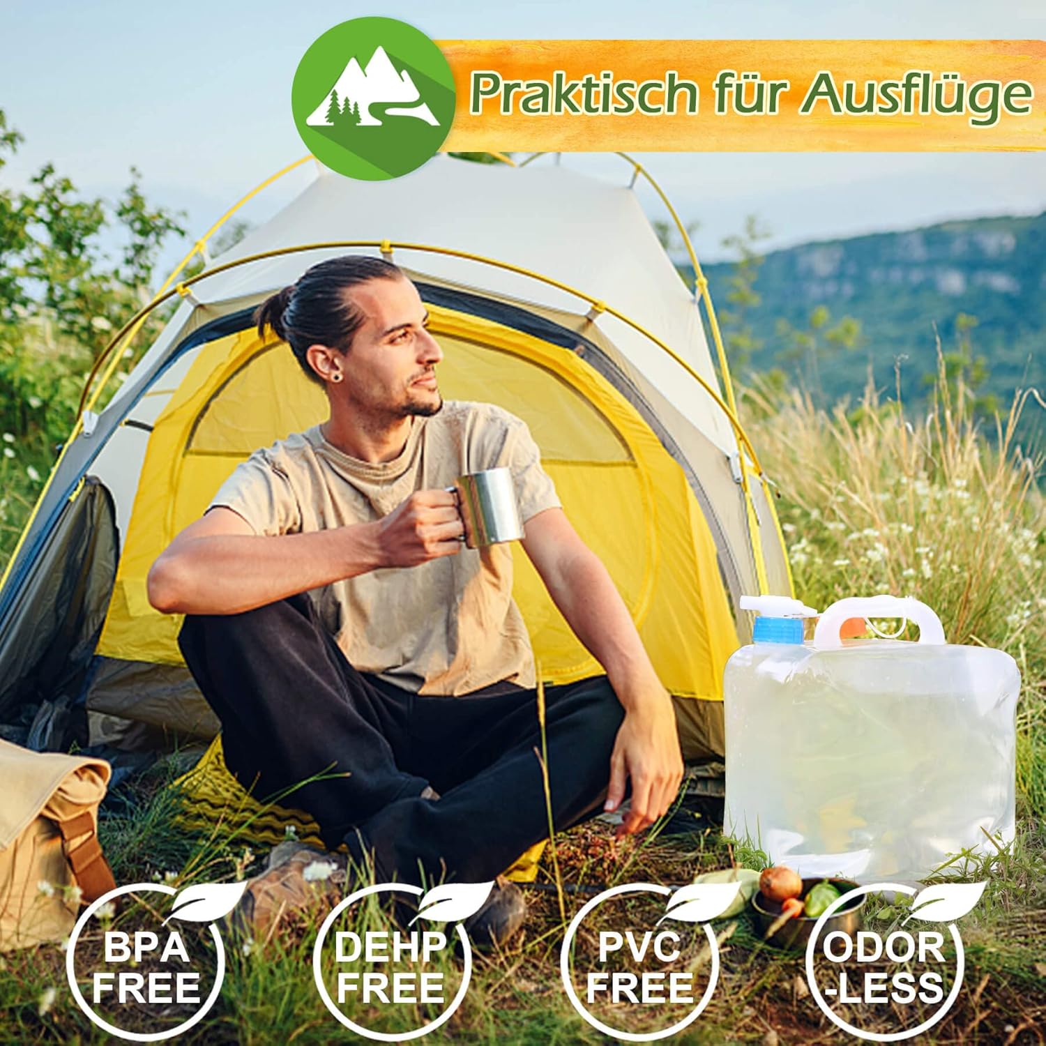 Reinalin faltbarer Wasserkanister, Wassertank mit Wasserhahn, Camping-Trinkwasserkanister, 100 % auslaufsicher, lebensmittelechtes Kanisterwasser – Bild 2