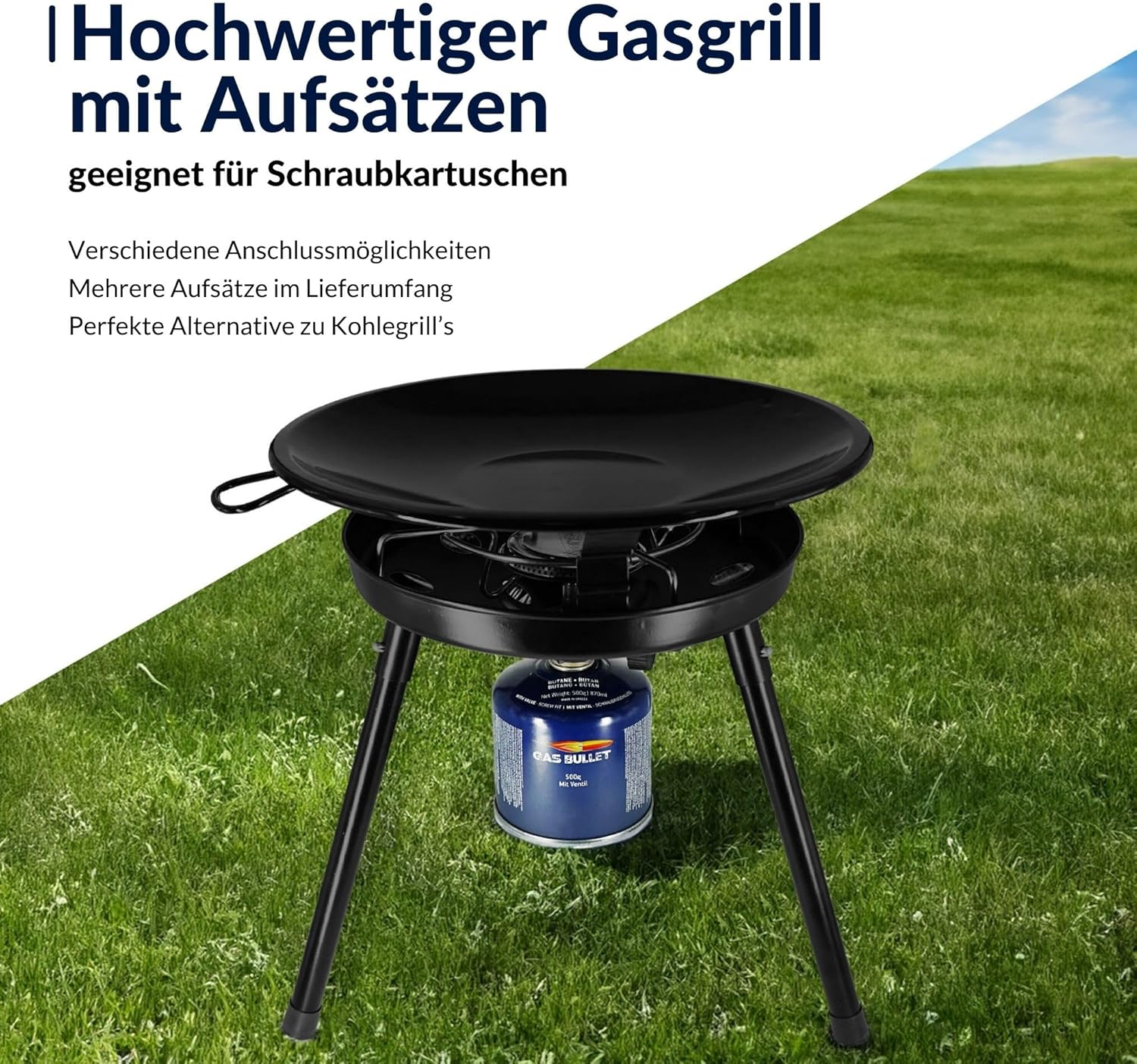 Gasgrill mit Pfanne & Wok + 4 Kartuschen (300 g) | für Schraubgaskartuschen | Schraubbar | Campinggrill, Partygrill für Camping, Festivals & Outdoor (Gaskocher + 4 Kartuschen) – Bild 2