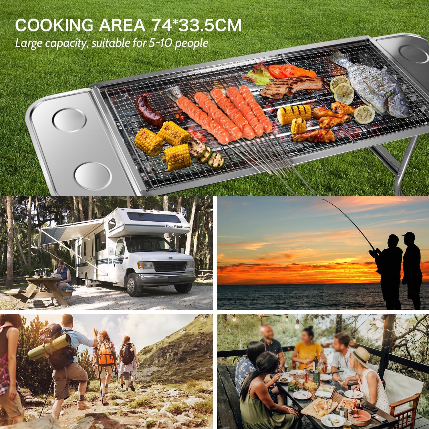 Holzkohlegrill, Edelstahl, Außengrill, Klappgrill, Campinggrill, tragbar, 74 x 33,5 x 71,5 cm – Bild 3