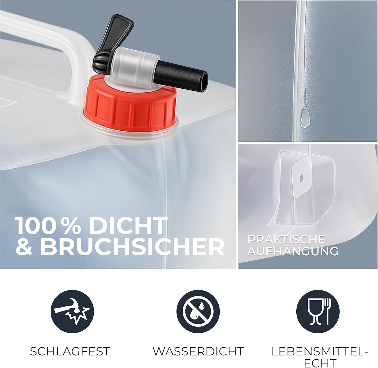 4 Stück faltbare 10 L Wasserkanister mit praktischem Ausgießhahn, Tragegriff und Schraubdeckel, 100 % auslaufsicher, für Camping, Outdoor etc. – Bild 2