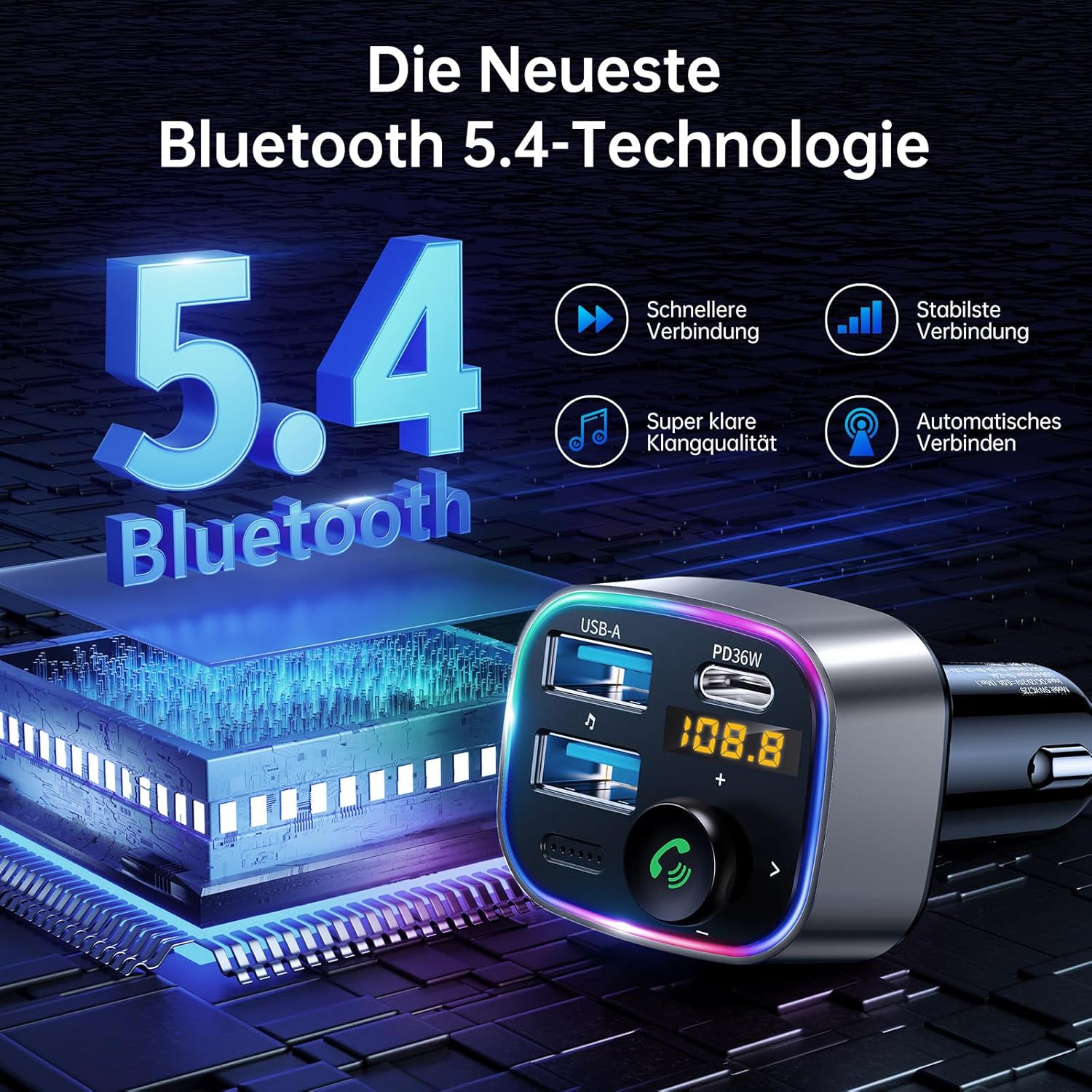 SYNCWIRE Bluetooth 5.3 FM-Transmitter-Autoladegerät 48 W (PD 36 W und 12 W), Ladegerät mit zwei USB-Anschlüssen, Autoadapter, kabelloses Radio-LED-Display, unterstützt 64-GB-USB-Laufwerk, Lichtschalter, Grau – Bild 2