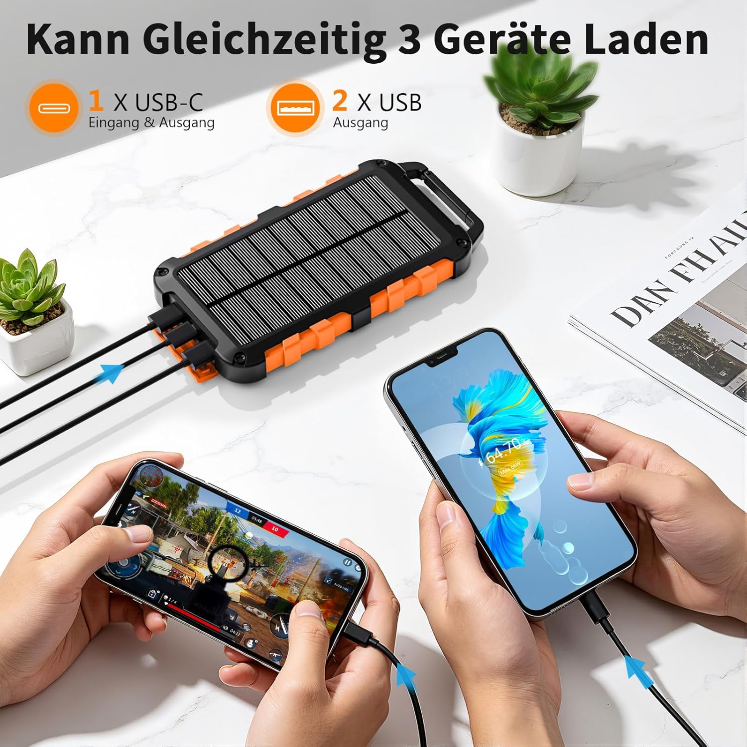 Solar Power Bank 10000 mAh PD 15 W Tragbares Solarladegerät USB C Outdoor Wasserdichter externer Akku mit LED-Licht und 3 Ausgängen für Tablets Smartphones Outdoor Camping Orange – Bild 2
