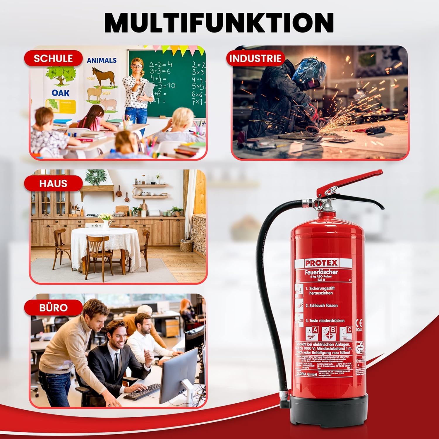 Pulver-Feuerlöscher Protex 3 – Protex Pulver-Feuerlöscher – 6 kg – für Brandklassen ABC – zertifiziert nach DIN EN 3 und CE – je 9,5 kg – mit praktischer Halterung – mit Prüfplakette – hergestellt in der EU – Bild 5