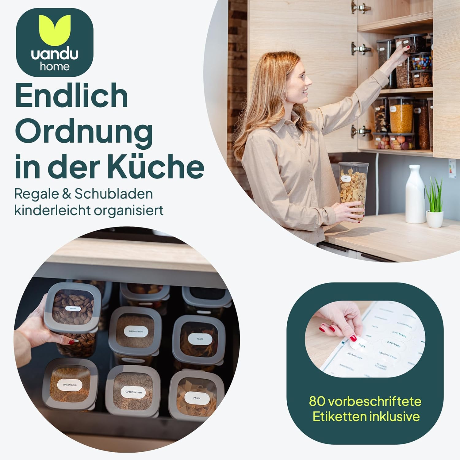 uandu Vorratsdosen mit Deckel, luftdicht – Set mit 12 Vorratsbehältern, BPA-frei, Küchen-Vorratsdosen für Müsli, Mehl und Zucker, mit Etiketten – Bild 2