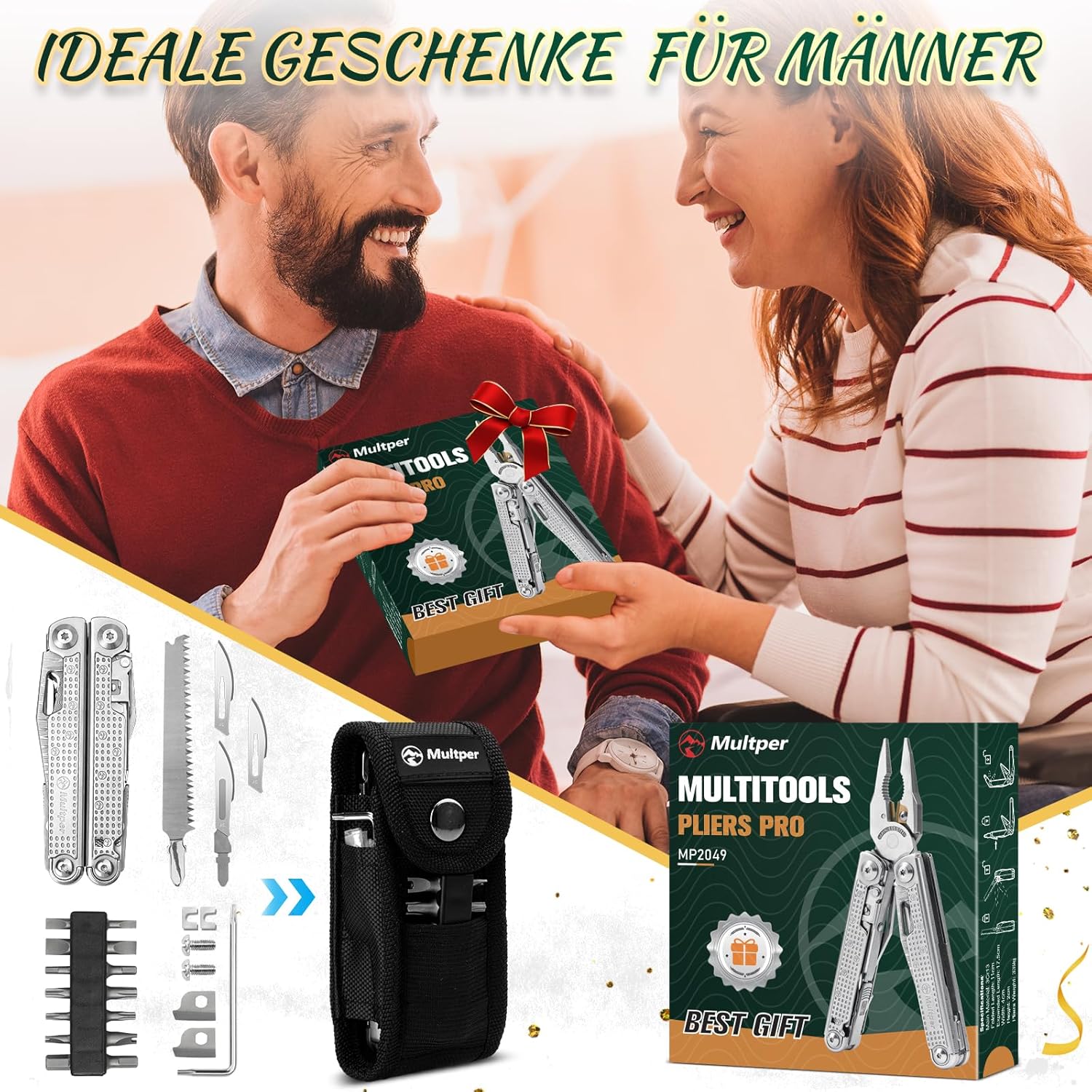 Multper Multitool-Werkzeug, Geschenke für Männer, verbessertes Multitool aus Edelstahl, faltbar mit Damastmesser, Drahtschneider und Schraubendreher-Set, Multifunktionszange für Outdoor und Camping – Bild 9