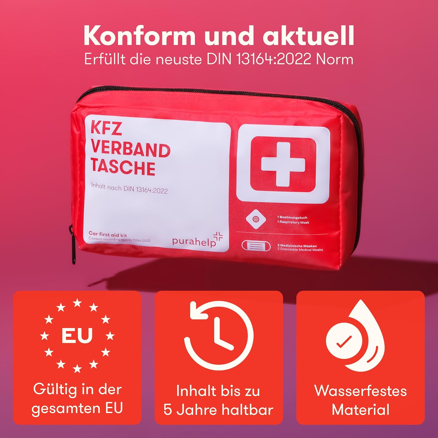 PURAHELP Erste-Hilfe-Set Auto inklusive Lüftungstuch (DIN 13164) – Erste-Hilfe-Set Auto StVO konform für 2026 – Erste-Hilfe-Set Auto & Sanitärset für unterwegs – Kompaktes Notfallset – Erste-Hilfe-Set Auto – Bild 2