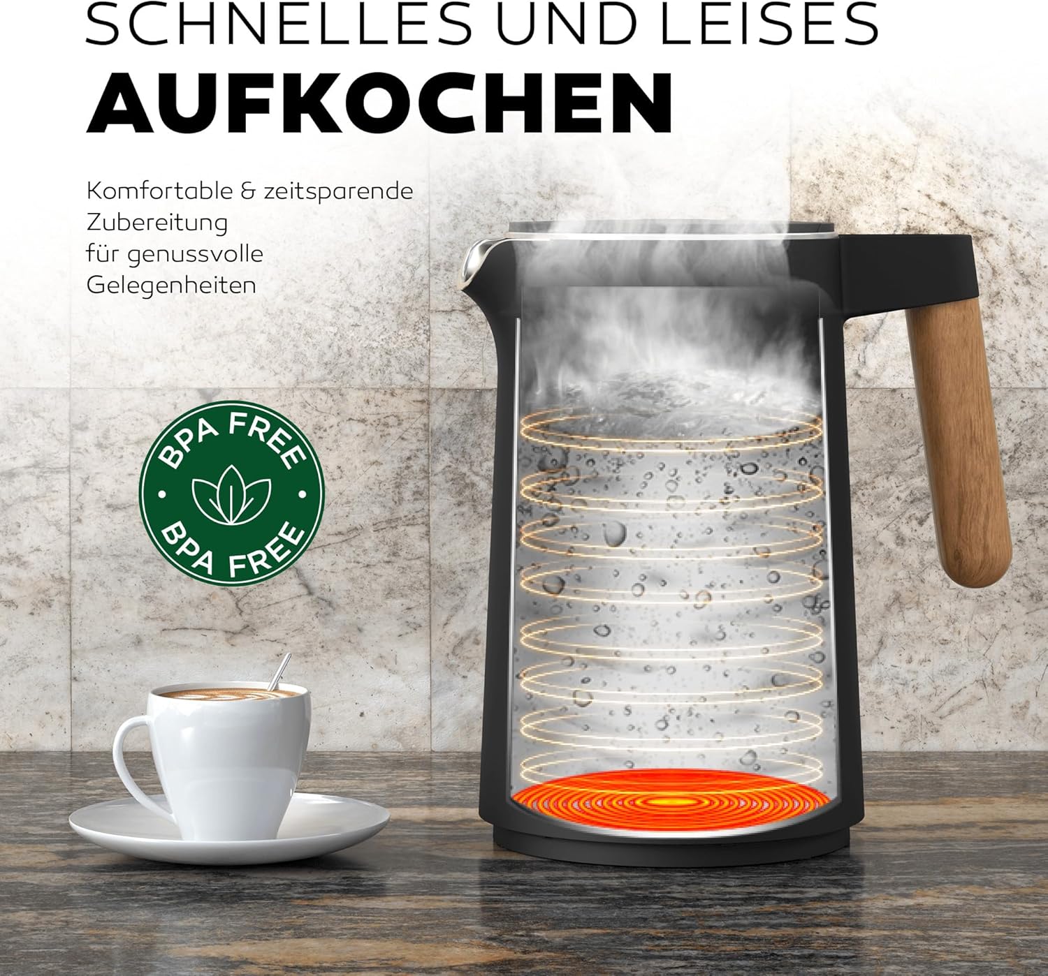 BALTER Edelstahl-Wasserkocher mit Temperatureinstellung, 45 °C – 100 °C, doppelwandig, BPA-frei, leise & kabellos, Warmhaltefunktion, Teebereiter mit Temperaturanzeige, 1,5 l, 2200 W, schwarz – Bild 7