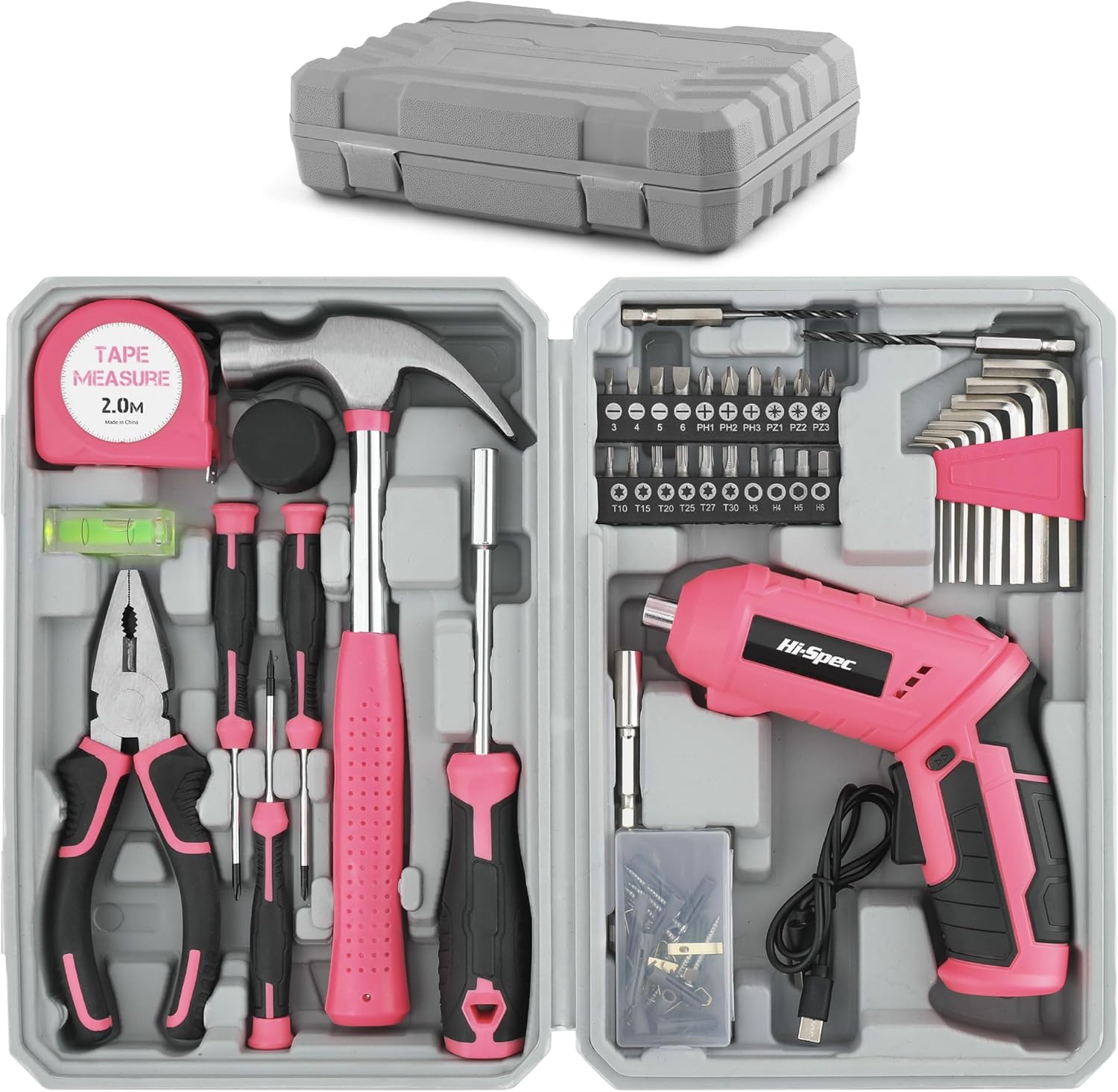 Hi-Spec 42-teiliger Werkzeugkasten mit kleinem 4-V-Akkuschrauber und Haushaltswerkzeugen. Komplettes Werkzeugset für Frauen und Heimwerker im praktischen Werkzeugkoffer