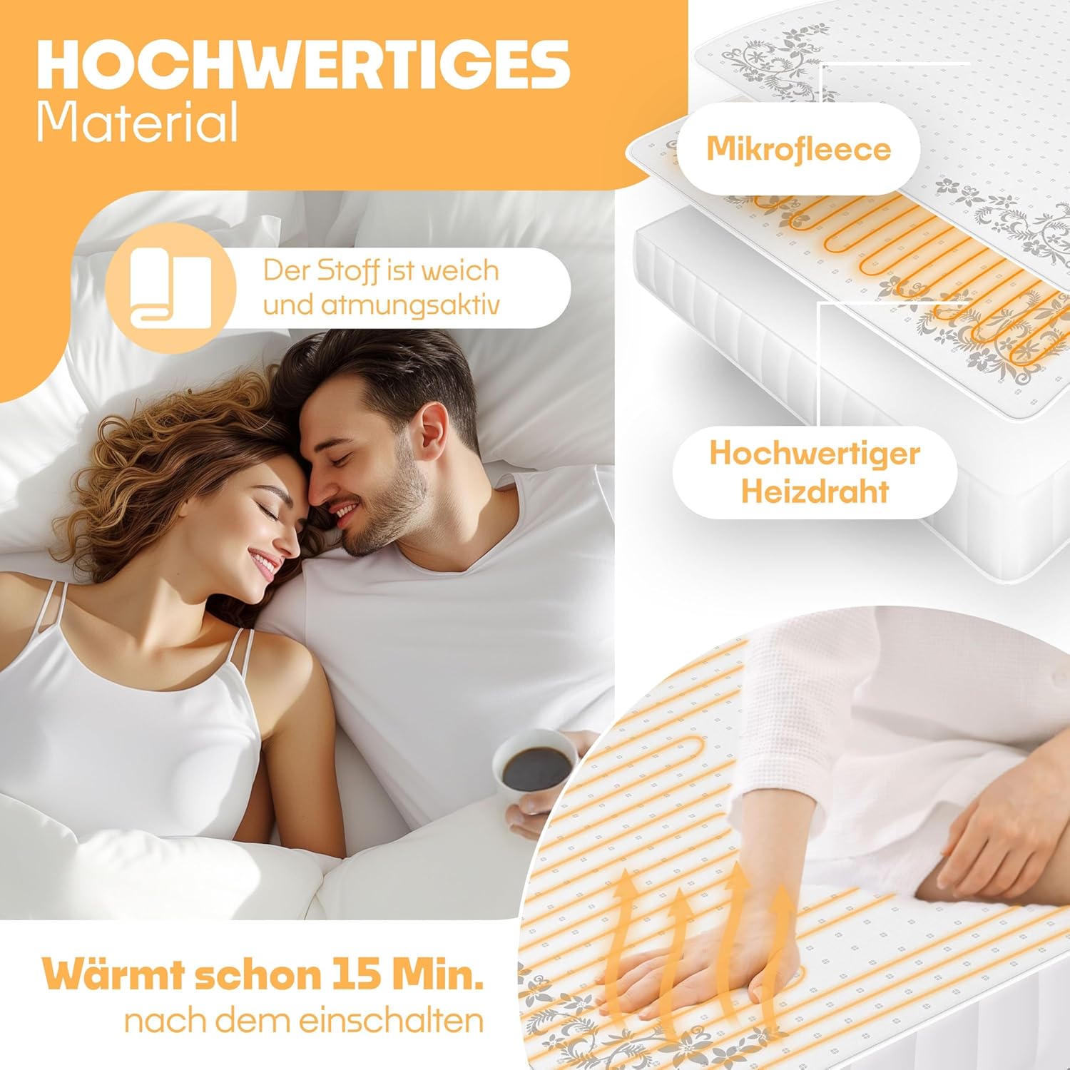 KESSER Doppel-Thermo-Unterbett 160 x 140 cm mit automatischer Abschaltung, 2 Temperaturzonen, ferngesteuerte Heizdecke mit 3 Temperaturstufen, beheizte Bettunterlage fürs Bett, warme Decke aus weichem Fleece, weiß – Bild 4