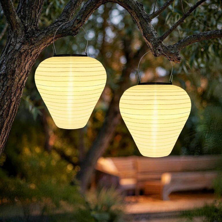 iShabao Solarlaternen für den Außenbereich, wetterfest, 2 Stück, 20 cm, Solarleuchten zum Aufhängen im Freien, IP65 wasserdichte Nylon-Solarlaterne, warmweiße LED-Solarlaternen für draußen, Garten, Balkon, Terrassen