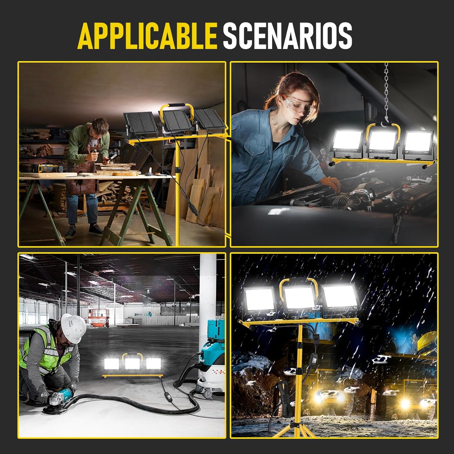 LED-Baustrahler mit Stativ, 300 W, 30.000 LM, 6500 K, LED-Arbeitsleuchte, IP66 wasserdichter Arbeitsstrahler, verstellbare Richtung, Baustellenlampe, Baustellenstrahler für Baustelle, Garage, Werkstatt – Bild 8