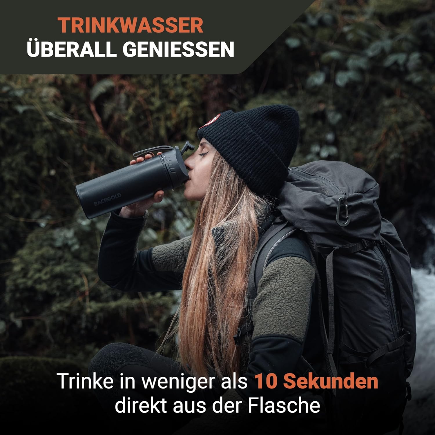 Bachgold Professionelle Wasserfilterflasche für den Außenbereich (500 ml), 1500 l Filterkapazität, entfernt 99,99 % der Bakterien, filtert Mikroplastik, Partikel und Chlor, verdunkelungs- und krisensicher (schwarz, 500 ml) – Bild 4