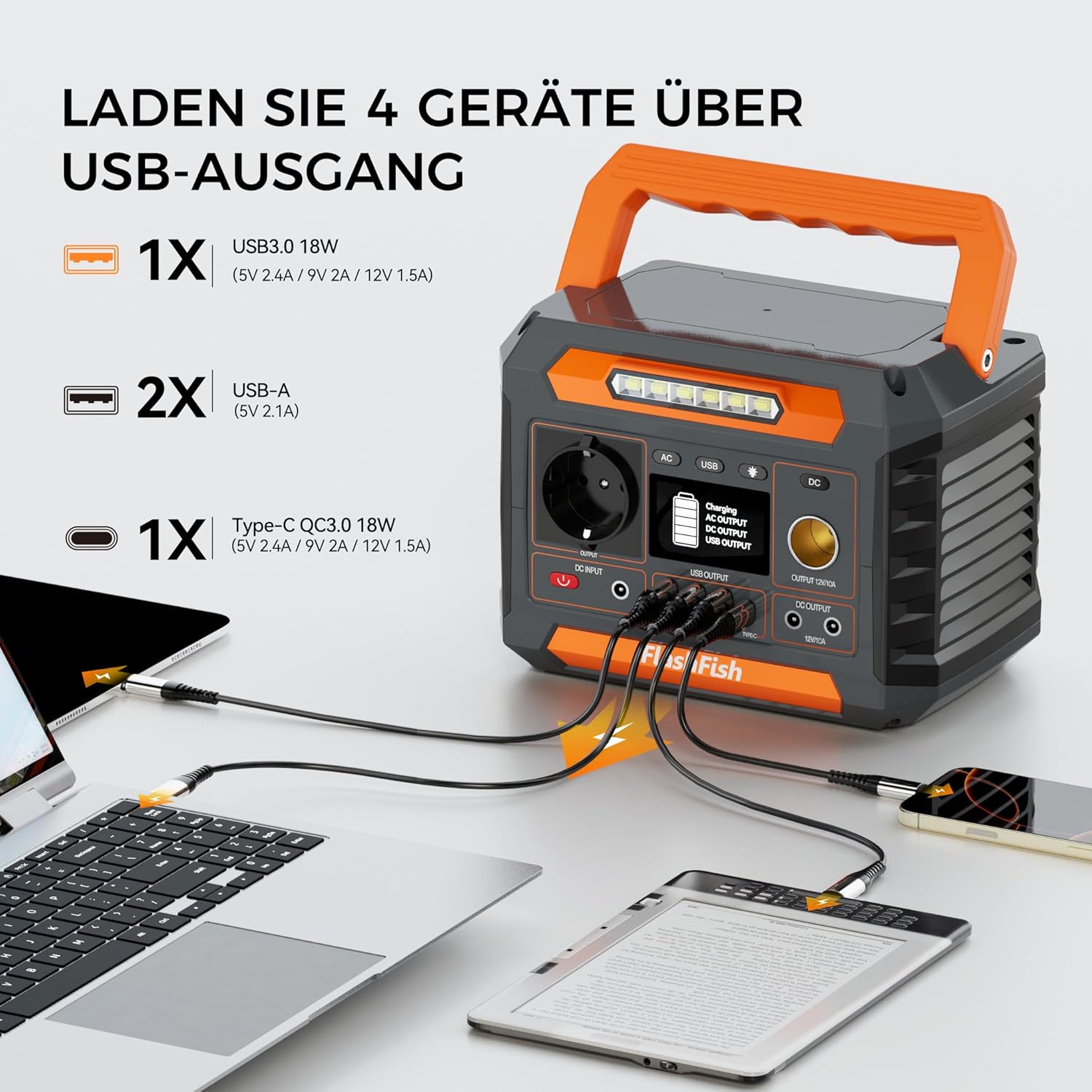 FlashFish P66 Tragbares Kraftwerk 230,88 Wh, Solargenerator 300 W (Spitzenleistung: 600 W) mit 2 Gleichstromanschlüssen, 4 USB-Anschlüssen, LED-Leuchten, Notstromgenerator-Batterie für Camping, Unterwegs, Stromausfälle – Bild 5