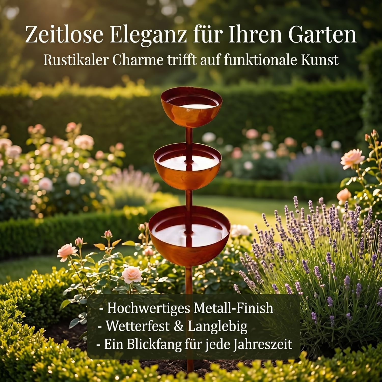 Gartendeko Vintage Vogeltränke Balkon Insektentrog Metall rostiger Gartenstecker für den Außenbereich wetterfest Patina Edelrostoptik rostiger Beetstecker Topfstecker – Bild 8