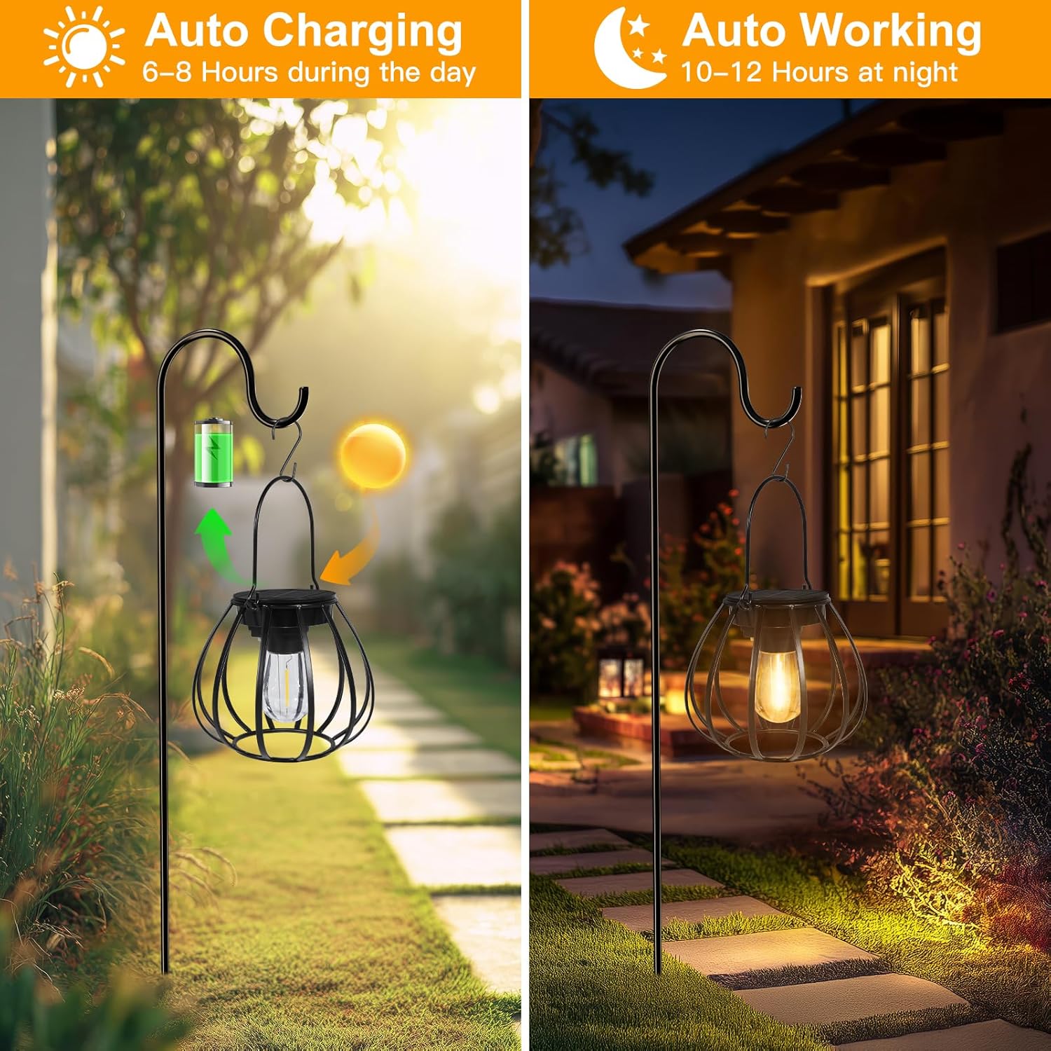 Solarleuchten zum Hängen/Stellen im Freien, 2 Stück – Solarlaternen für den Außenbereich, wetterfest – Solarlaternen mit LED-Glühbirne warmweiß für Gartendekoration, Balkon, Terrassendekoration, Campinglampe – Bild 3