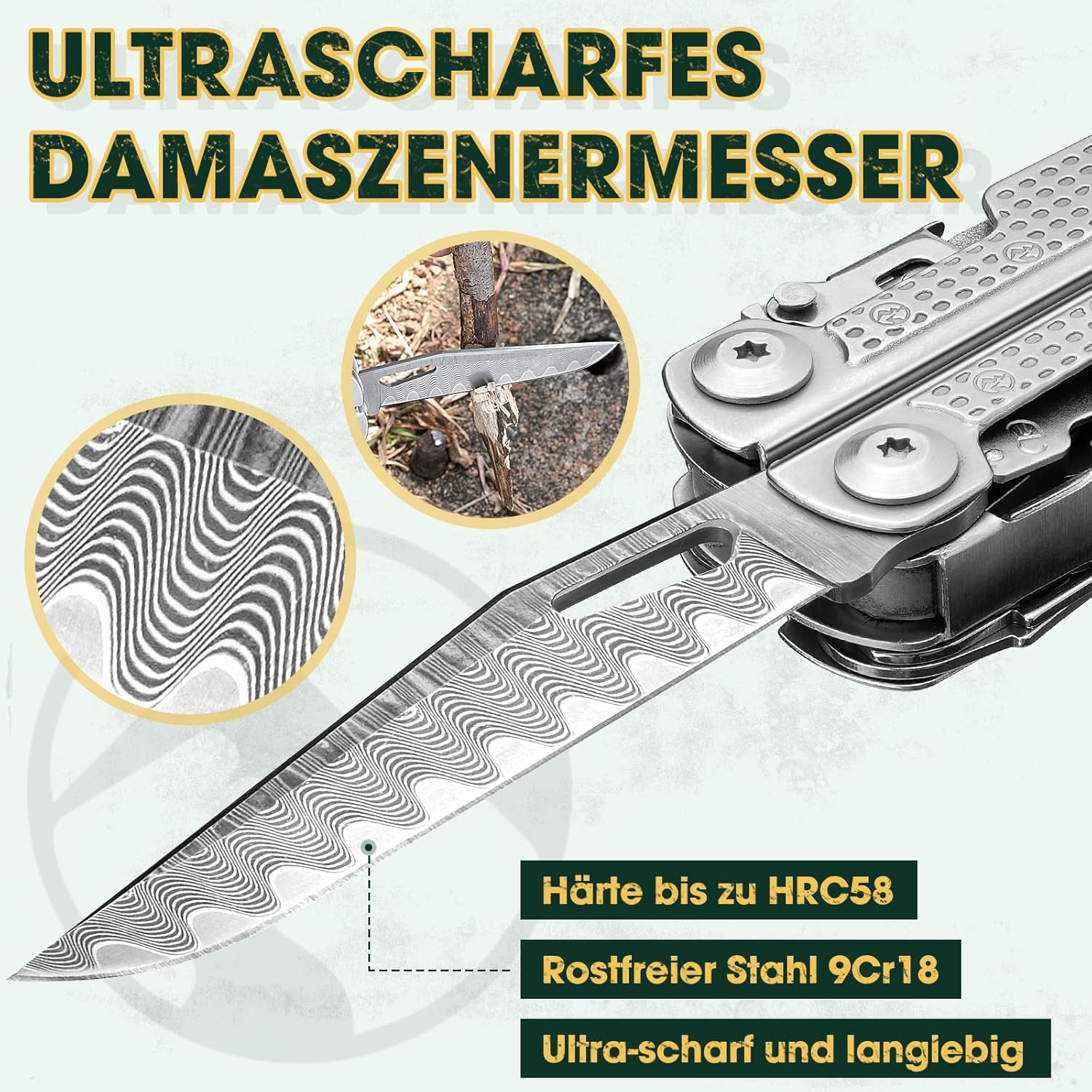 Multper Multitool-Werkzeug, Geschenke für Männer, verbessertes Multitool aus Edelstahl, faltbar mit Damastmesser, Drahtschneider und Schraubendreher-Set, Multifunktionszange für Outdoor und Camping – Bild 2