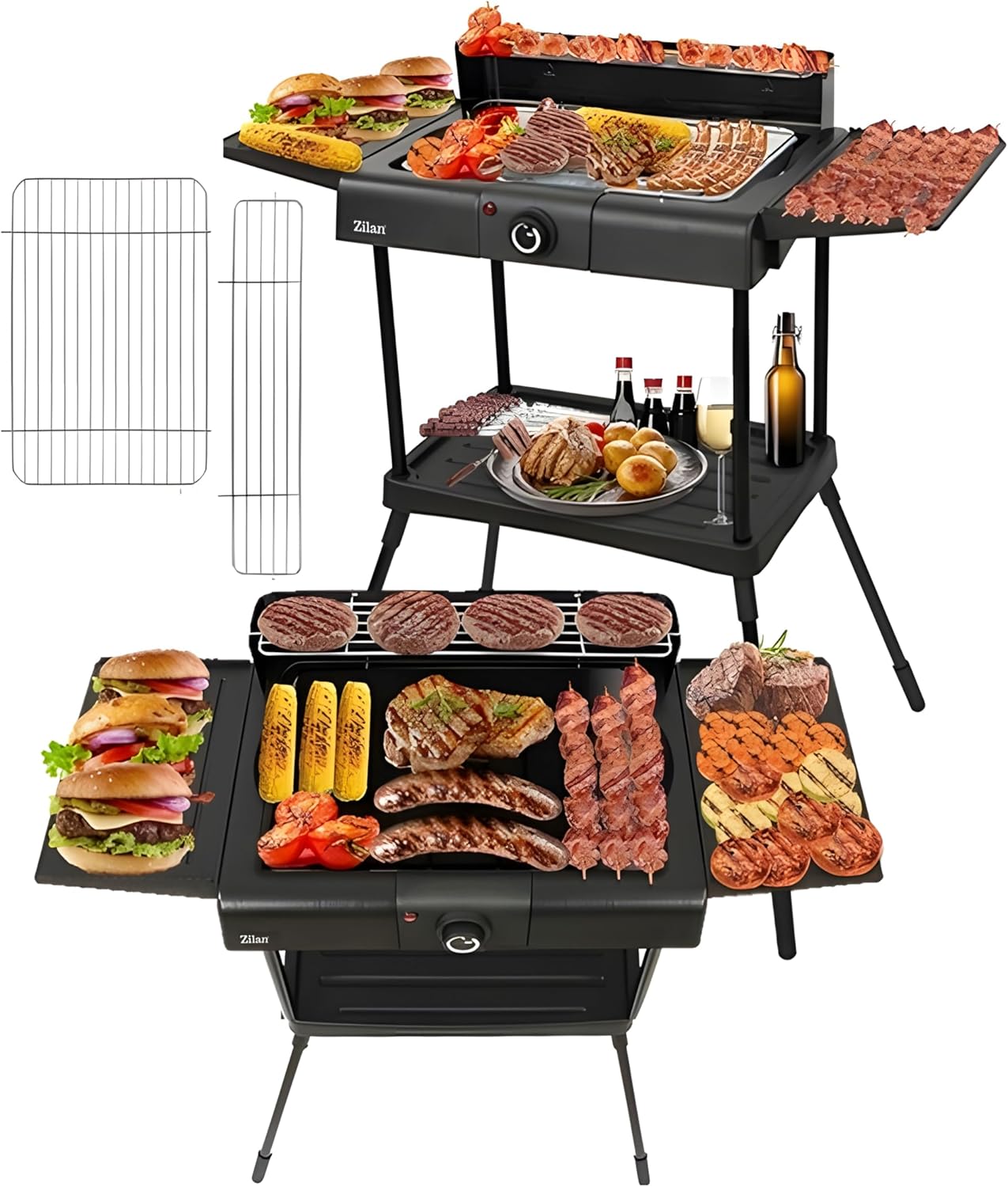 2-in-1 Elektrogrill Standgrill Tischgrill elektrisch 2.400 Watt – Elektrogrill für Balkon, Outdoor und Indoor mit Standfuß große Grillfläche stufenlose Temperaturregelung Elektro-BBQ-Grill