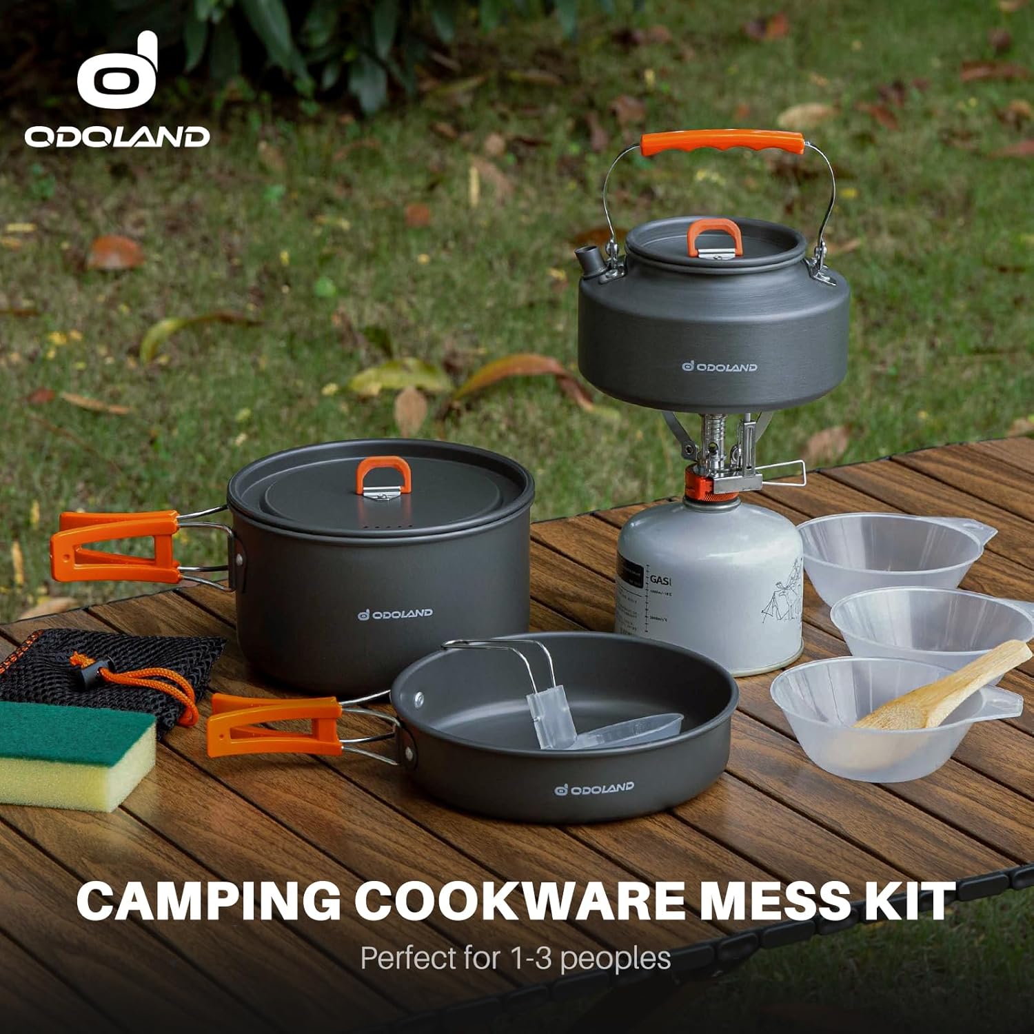 Odoland Camping-Kochgeschirr-Set, 10-teiliges Outdoor-Geschirr-Set mit Campingtopf, Camping-Bratpfanne und Teekannen für Camping, Outdoor, Kochen, Wandern, Reisen – Bild 4