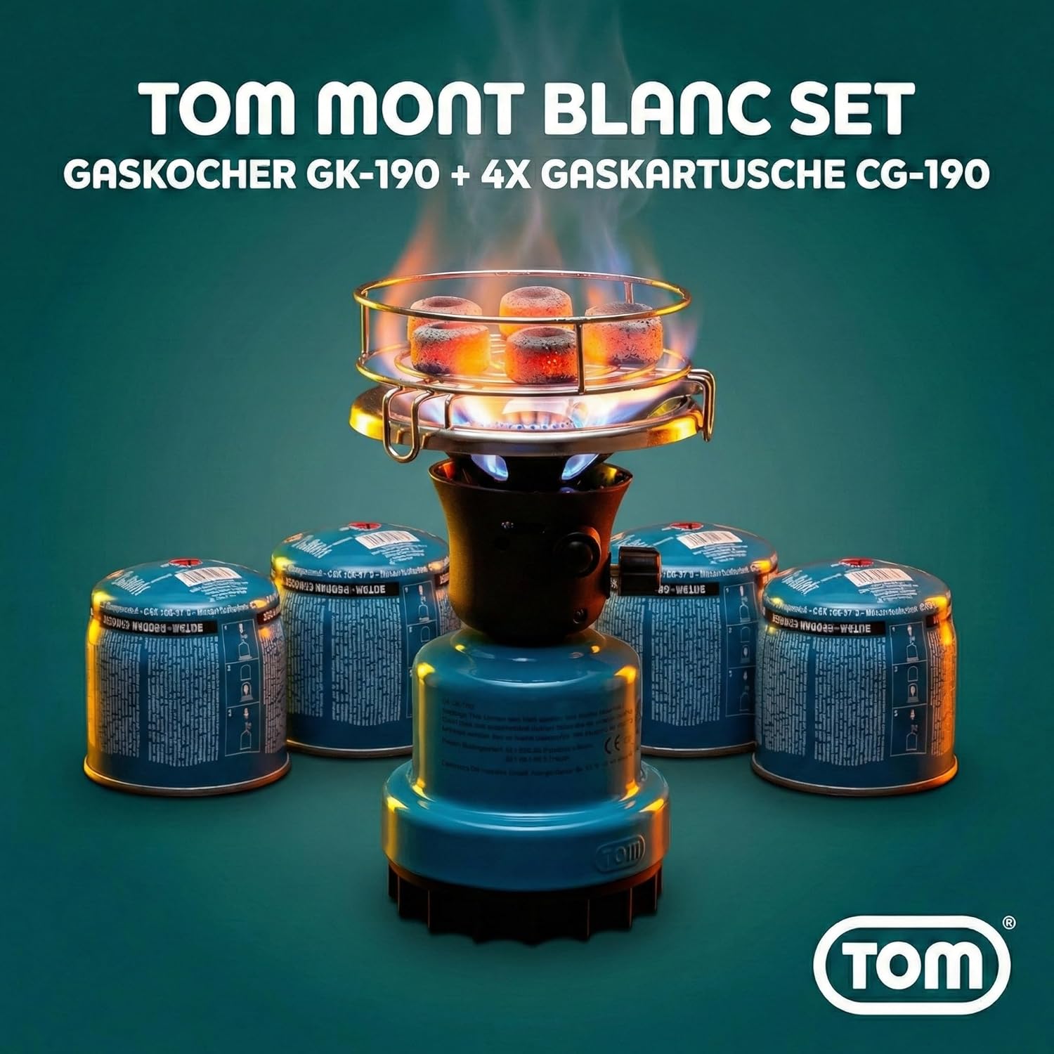 TOM Adventure Gas-Campingkocher-Set mit 4 x Butan-Gaskartusche – 1 Flamme – Piezo-Zündung – Kartuschenkocher für Camping, Festivals & Outdoor-Aktivitäten oder als Kohleanzünder – Bild 2