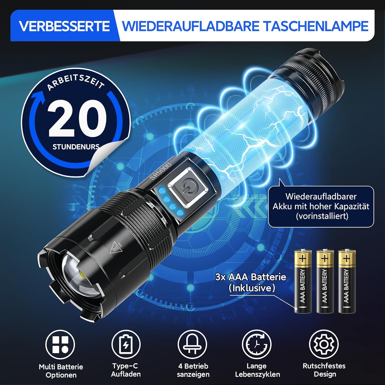 BUCASA XHP70.2 LED wiederaufladbare Taschenlampe, 1000.000 Lumen, LED-Taschenlampe, extrem hell, batteriebetrieben, USB, starke taktische Taschenlampen, IP67 wasserdicht, 5 Modi, Taschenlampe für Notfälle im Freien – Bild 4