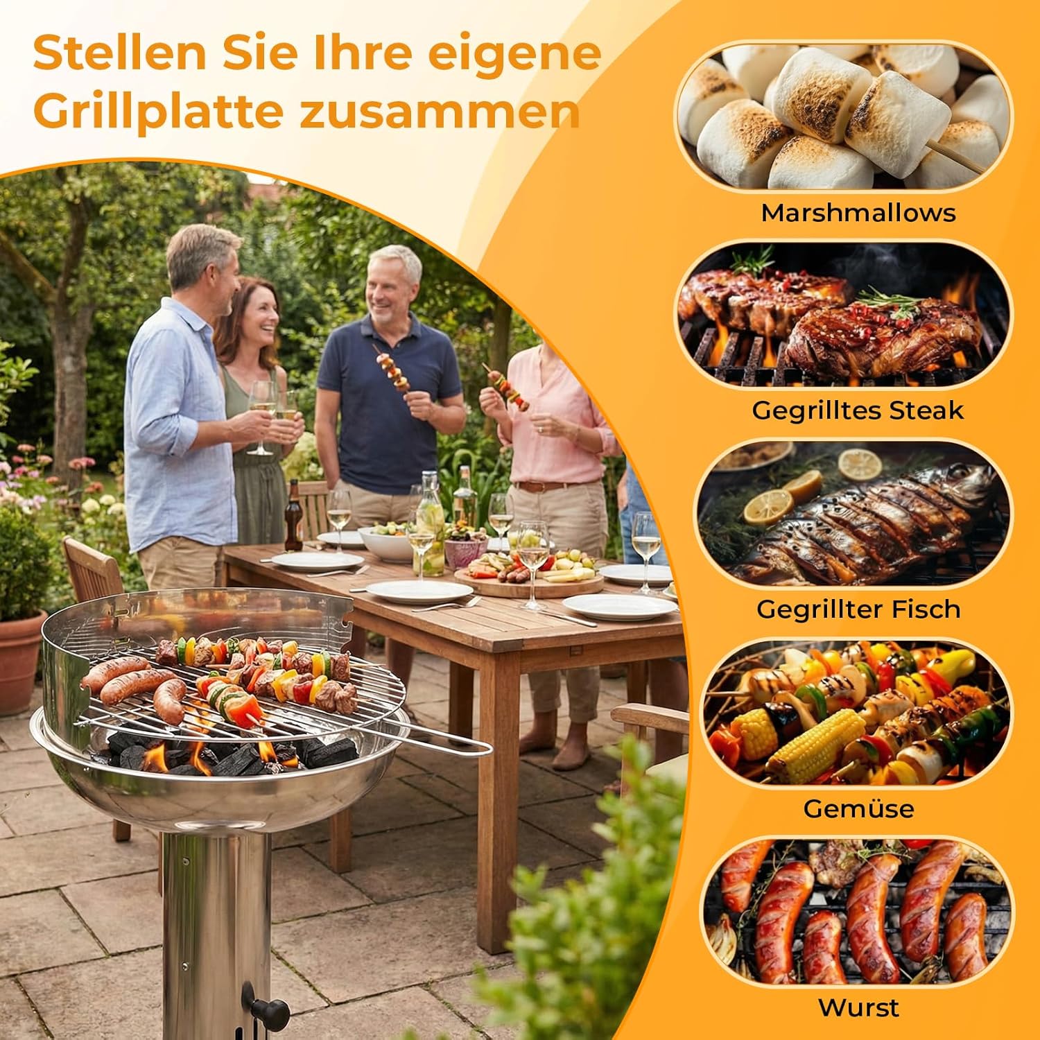 TLGREEN Edelstahl-Holzkohlegrill, Säulengrill, wetterfest, 40 x 40 x 69 cm, 3-fach höhenverstellbar, Premium-Edelstahlgrill mit verchromtem Grillrost, Aschenbecher und Belüftung, für Outdoor, Camping, Grillen – Bild 6