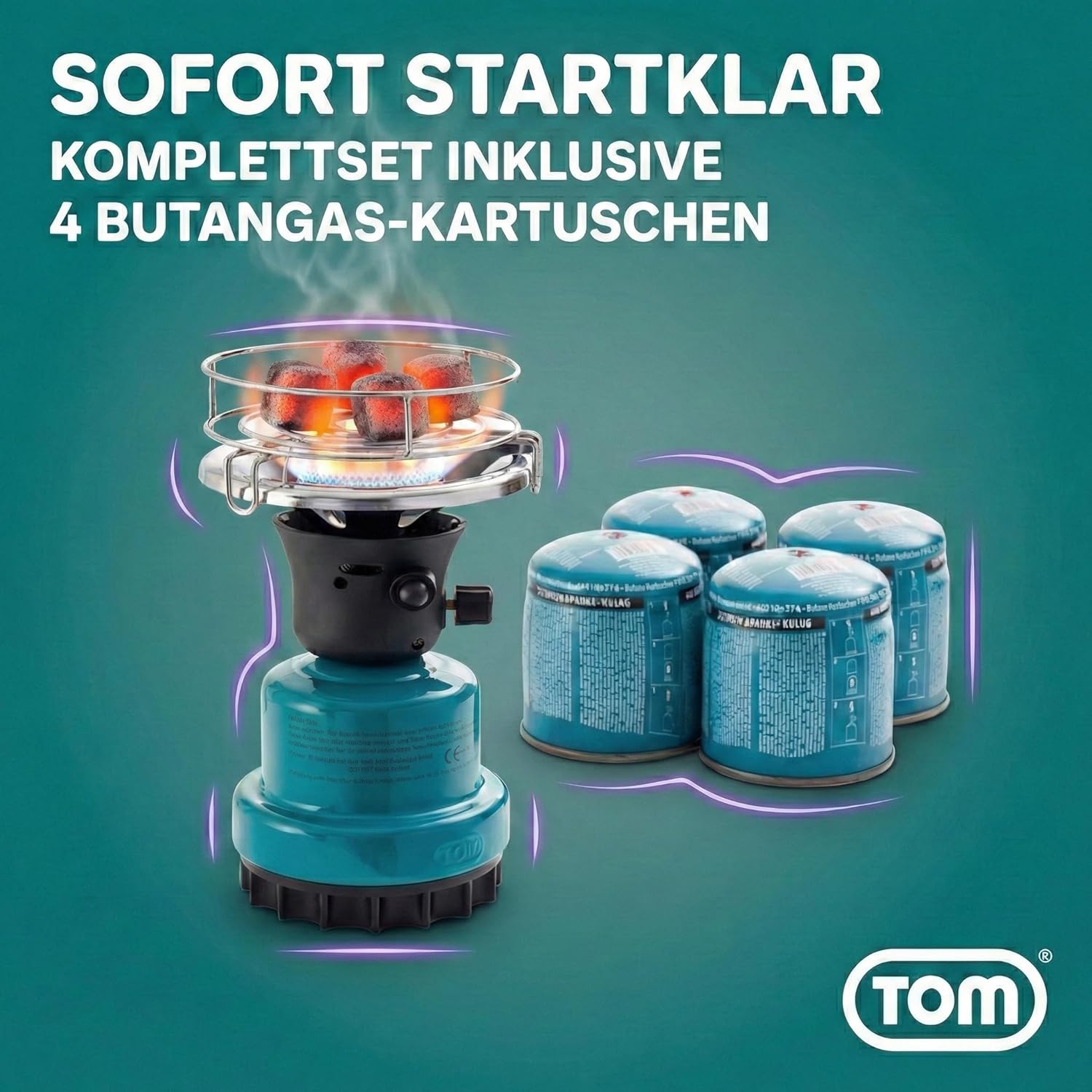 TOM Adventure Gas-Campingkocher-Set mit 4 x Butan-Gaskartusche – 1 Flamme – Piezo-Zündung – Kartuschenkocher für Camping, Festivals & Outdoor-Aktivitäten oder als Kohleanzünder – Bild 6