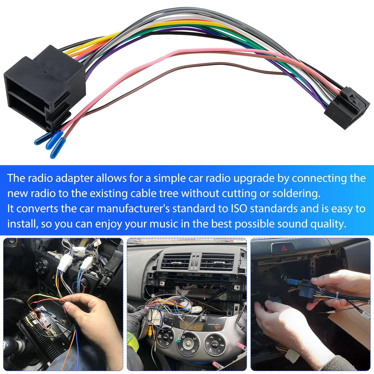2 Stück 16-poliger ISO-Adapter-Kabelbaum für Android-Autoradio. Autoradio-Anschluss mit Lenkrad-Steuerkabeln und Rückwärtssteuerkabel. 16-poliger Autoradio-Standard-ISO-Stecker – Bild 5