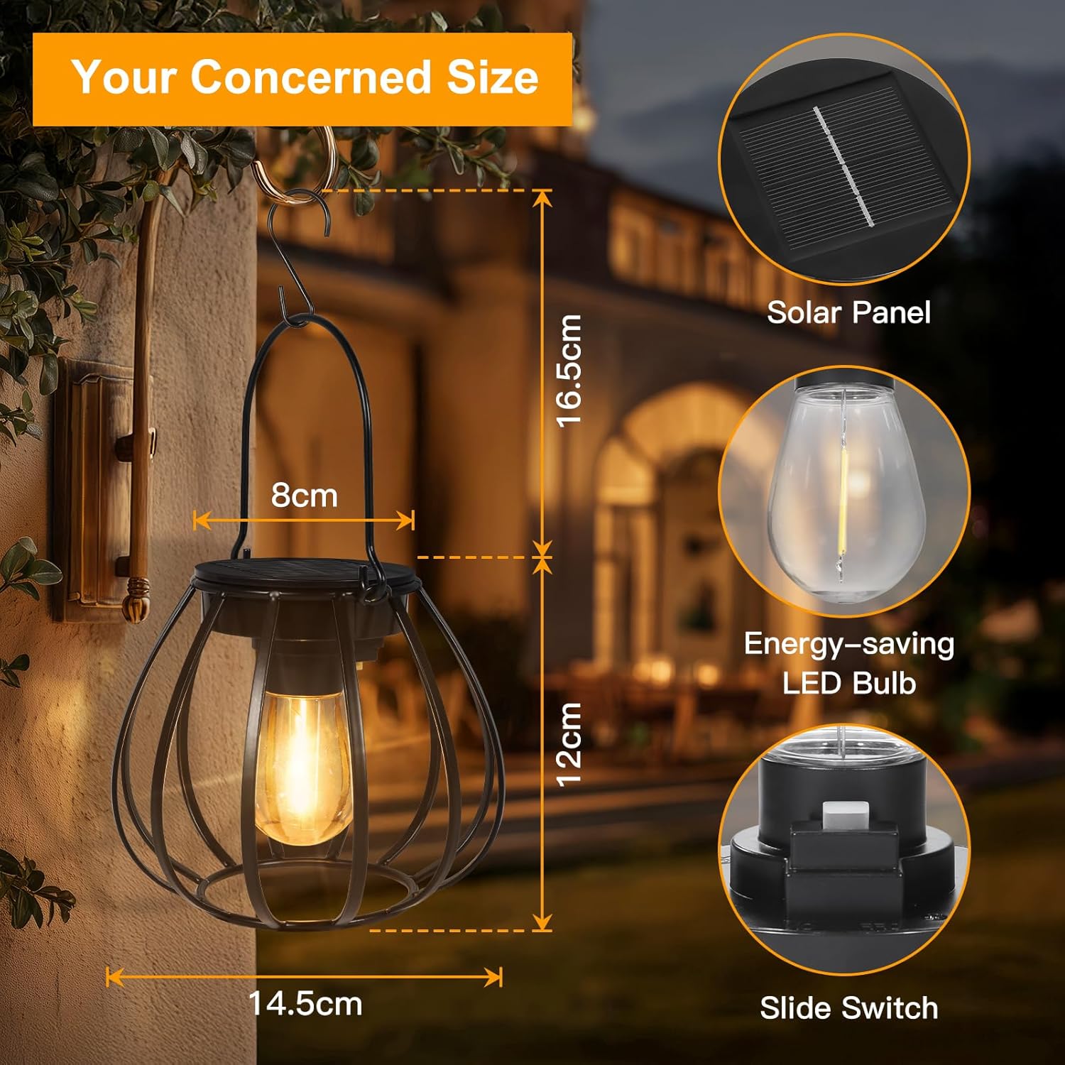 Solarleuchten zum Hängen/Stellen im Freien, 2 Stück – Solarlaternen für den Außenbereich, wetterfest – Solarlaternen mit LED-Glühbirne warmweiß für Gartendekoration, Balkon, Terrassendekoration, Campinglampe – Bild 4