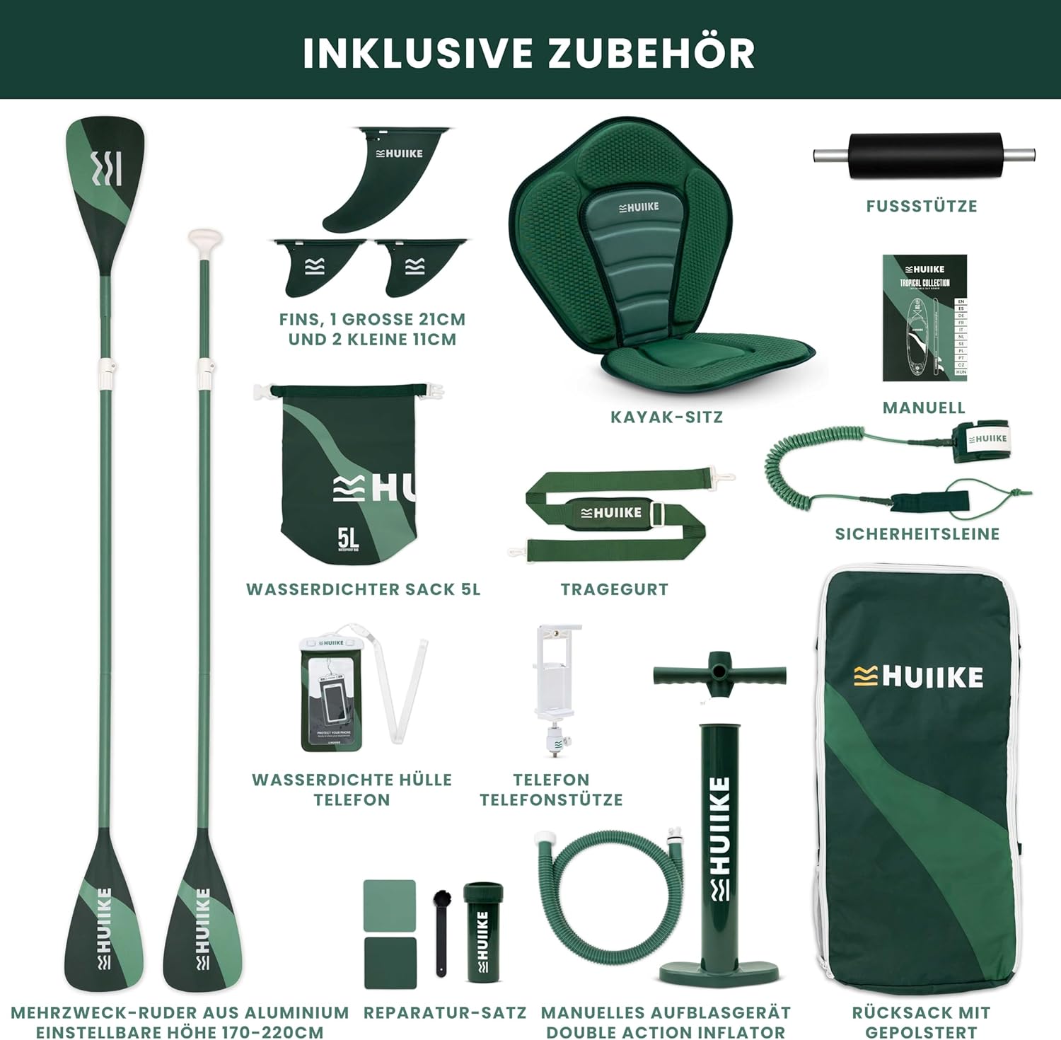 HUIIKE Stand Up Paddling Board mit Zubehör, Paddel, Finnen, Pumpe. Paddle Sup Board aufblasbar, hohe Stabilität und Widerstandsfähigkeit. 305 x 84 x 15 cm, maximale Belastung 130 kg – Bild 3
