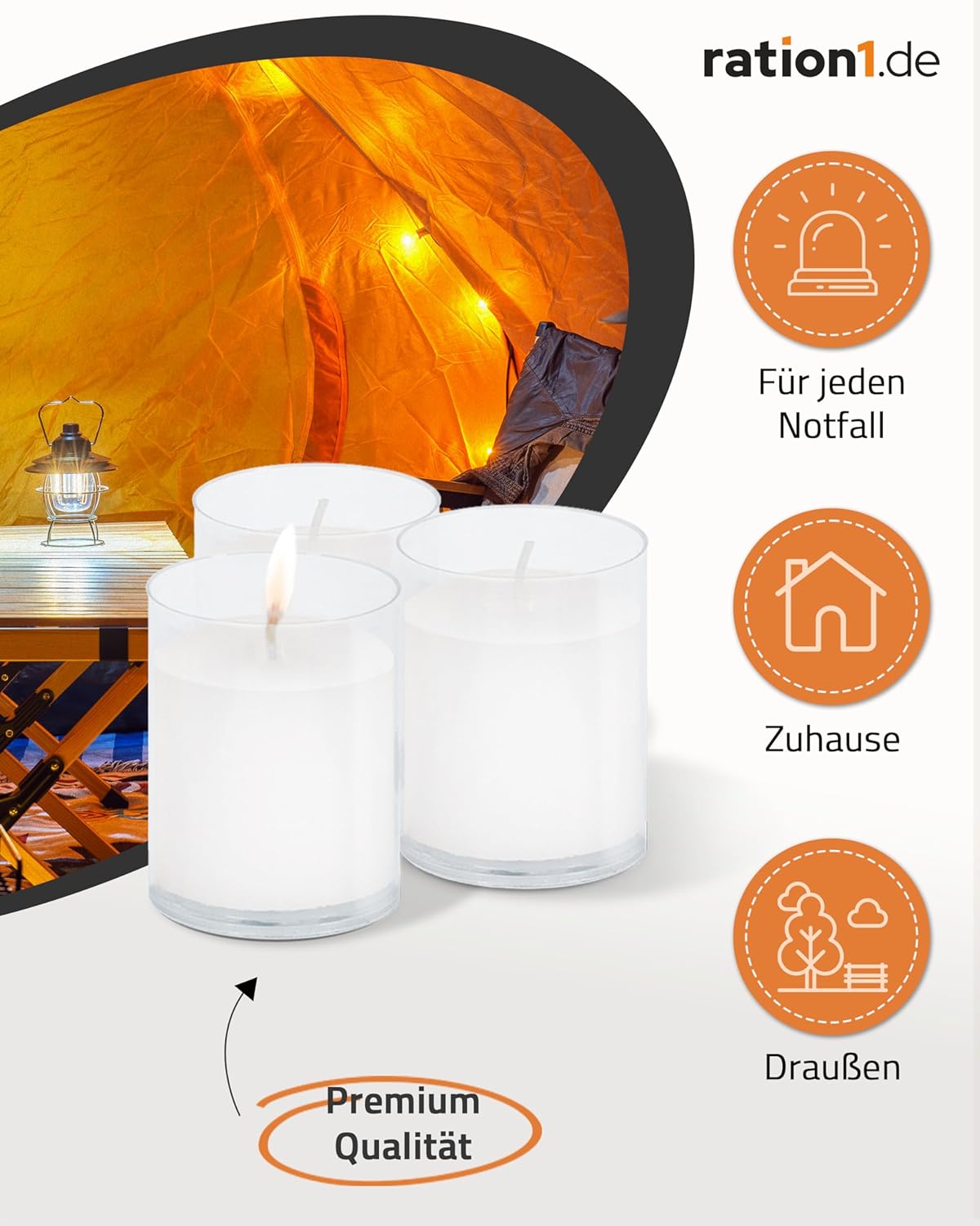 ration1.de 25 Kerzen, Teelichter groß, 24 Stunden Brenndauer, weiß, transparent, Lichtset unparfümiert, im klaren Kunststoffglas, ohne Duftstoffe, rußfrei, Dekoration für drinnen und draußen, Gastro, Party – Bild 3