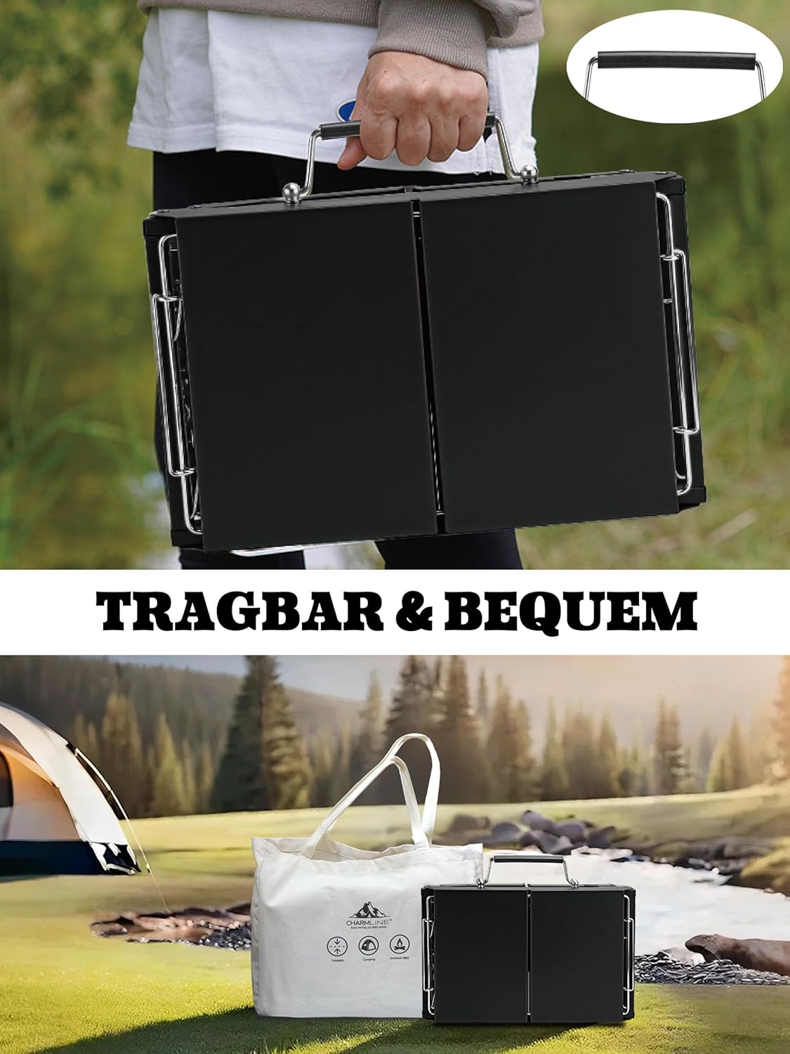 Charmline 34 x 23 cm faltbarer tragbarer Holzkohlegrill, kleiner Camping-Grill, Holzkohle, Picknick-Grill, BBQ-Grill für den Außenbereich, geeignet für Gärten, Strände, Rasenflächen und Tischplatten, schwarz – Bild 6