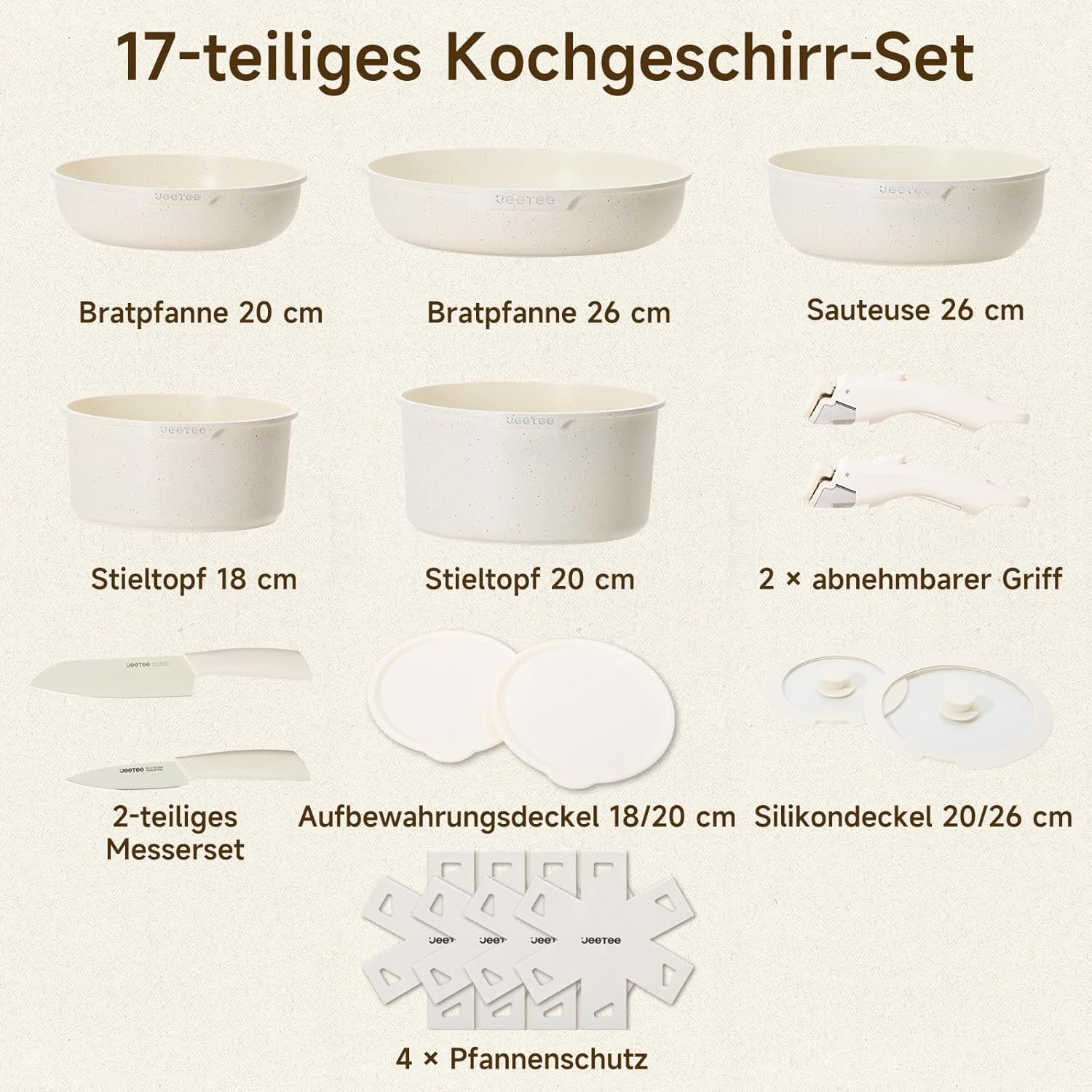 JEETEE Topf- und Pfannensets mit abnehmbarem Griff, 17-teiliges Antihaft-Pfannenset, Induktionstopfset, Kochtopfset mit Deckel und Messer, kompatibel mit allen Herden, PFOS/PFOA-frei, Beige – Bild 2