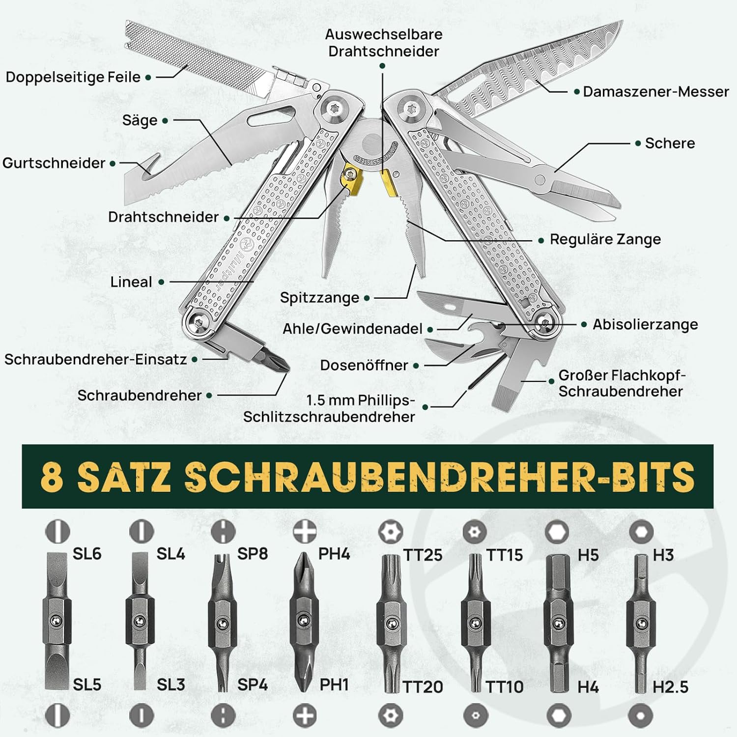 Multper Multitool-Werkzeug, Geschenke für Männer, verbessertes Multitool aus Edelstahl, faltbar mit Damastmesser, Drahtschneider und Schraubendreher-Set, Multifunktionszange für Outdoor und Camping – Bild 6