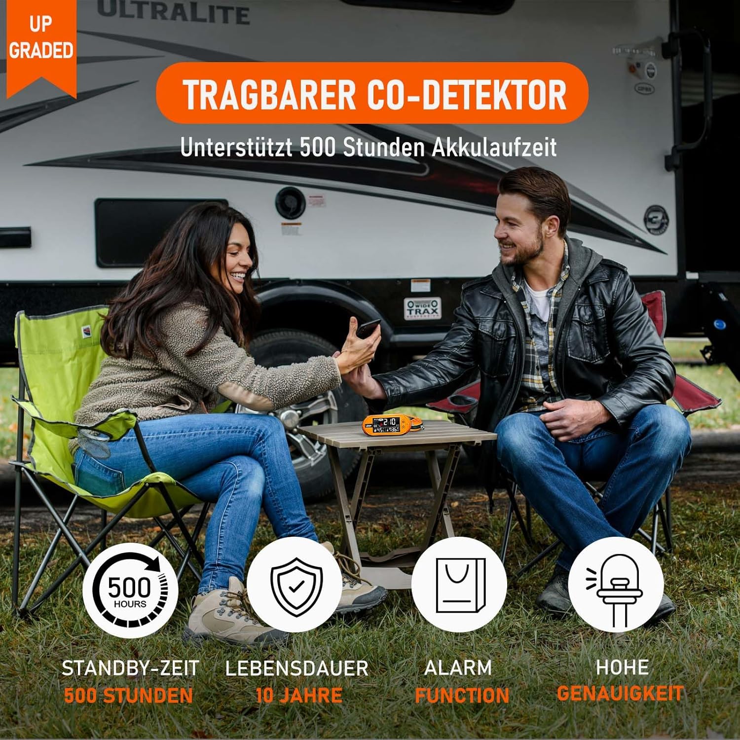 Tragbare CO-Detektoren von LSENLTY unterstützen 500 Stunden Standby-Zeit, 3-in-1-CO-Detektor (Temperatur, Luftfeuchtigkeit und CO), Alarmfunktion und Lanyard-Design für Camping, Reisen, Autos, Orange – Bild 2