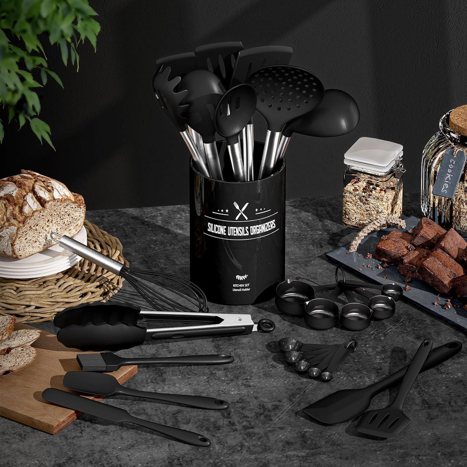Küchenutensilien-Set, 26-teilig, Silikon-Kochutensilien, Kochbesteck-Set, hitzebeständiges Kochgeschirr mit Utensilienhalter, Antihaft-Kochset, Küchenutensilien mit Edelstahlgriff, spülmaschinenfest – Bild 2