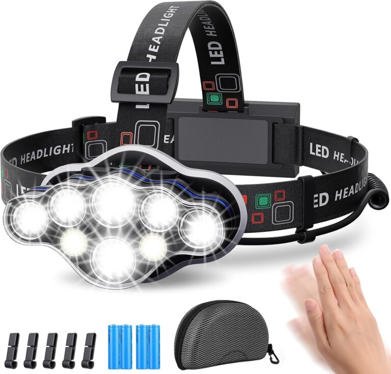 MLIAIMCE Stirnlampe, superhelle wiederaufladbare LED-Stirnlampe, 18000 Lumen, 8 LEDs, 8 Modi mit rotem Licht, Warnlicht, Stirnlampe, IPX4 wasserdicht, perfekt für Camping, Angeln, Outdoor, Joggen, Arbeit, Wandern