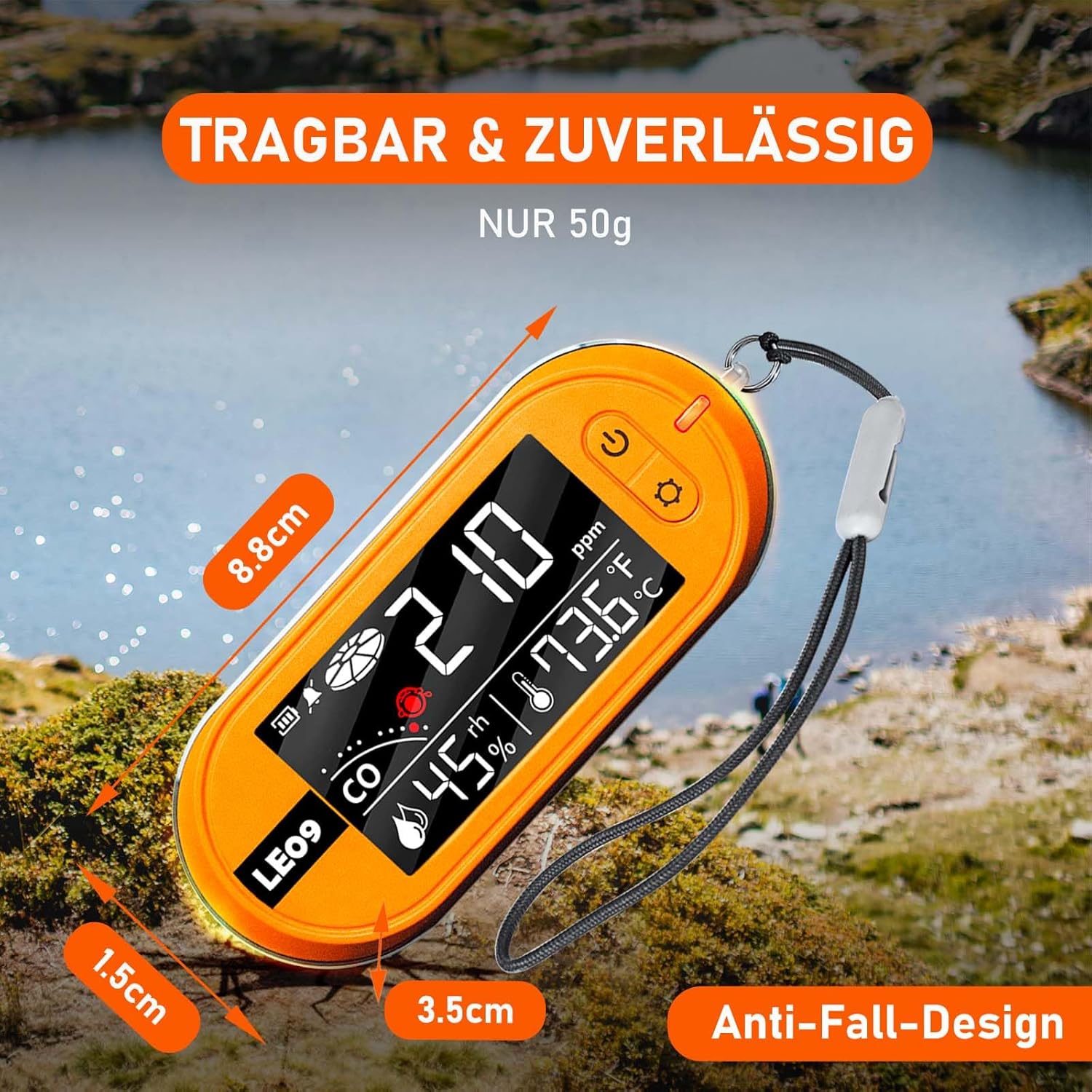 Tragbare CO-Detektoren von LSENLTY unterstützen 500 Stunden Standby-Zeit, 3-in-1-CO-Detektor (Temperatur, Luftfeuchtigkeit und CO), Alarmfunktion und Lanyard-Design für Camping, Reisen, Autos, Orange – Bild 6