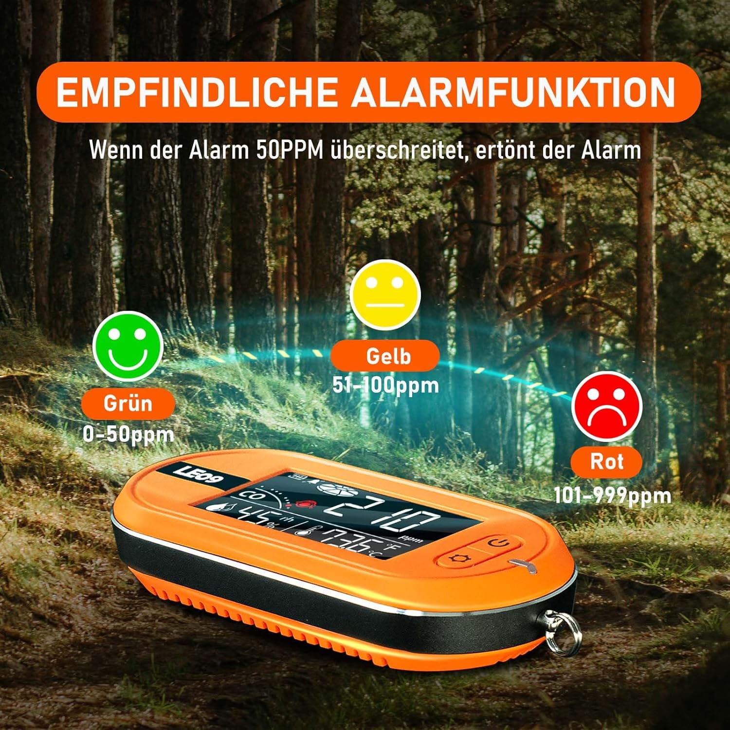 Tragbare CO-Detektoren von LSENLTY unterstützen 500 Stunden Standby-Zeit, 3-in-1-CO-Detektor (Temperatur, Luftfeuchtigkeit und CO), Alarmfunktion und Lanyard-Design für Camping, Reisen, Autos, Orange – Bild 5